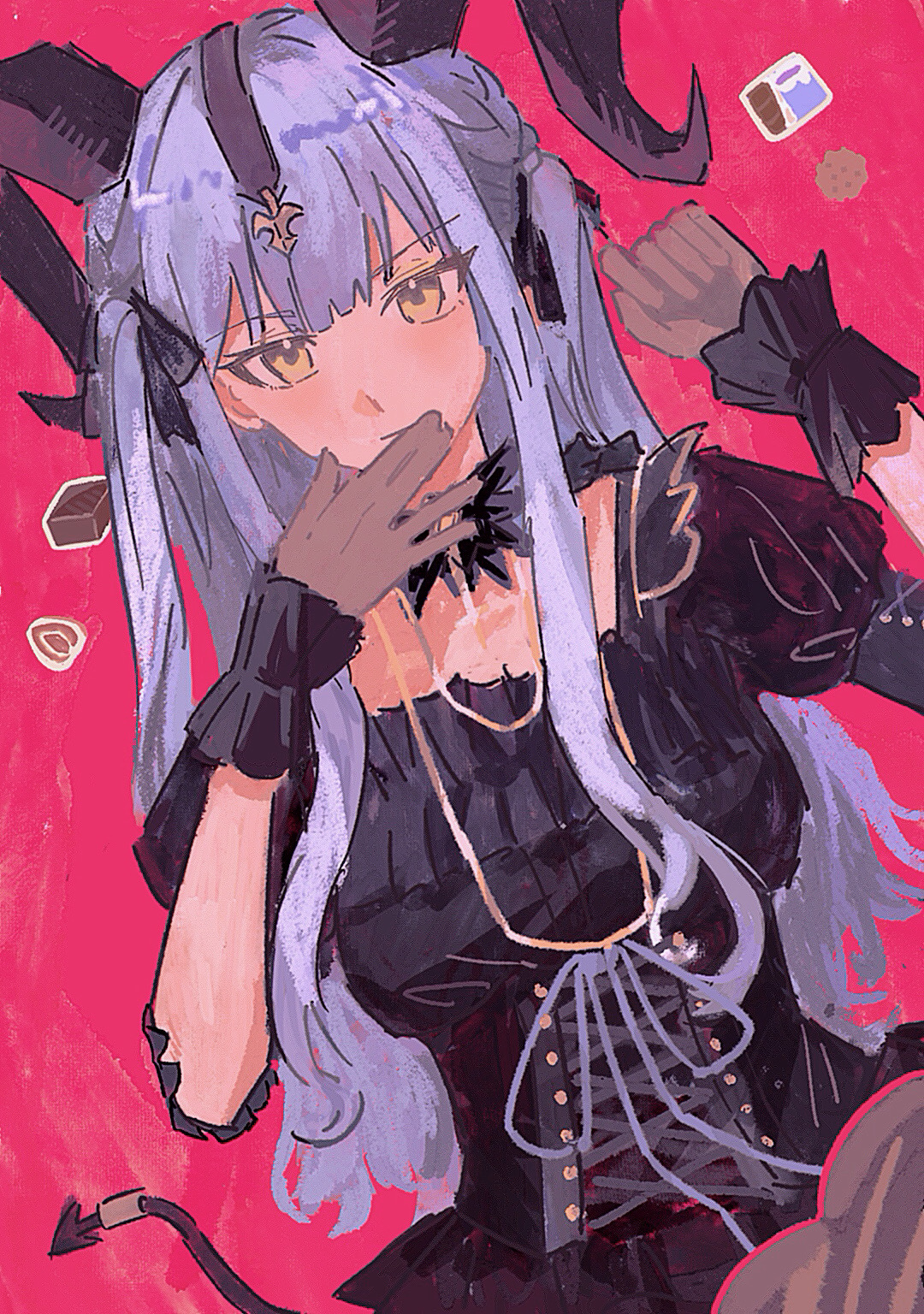 togawa sakiko, arknights, bang dream!, bang dream! it's mygo!!!!!, chinese commentary, commentary request, highres, 1girl, black dress, black gloves, black horns, black ribbon, blue hair, blue ribbon, blunt bangs, corset, curled horns, demon horns, demon tail, detached collar, dress, dutch angle, gloves, hair ribbon, hands up, horns, long hair, looking at viewer, ni xian xiamu ai kan mu ji ka, official alternate costume, pink background, ribbon, sidelocks, solo, tail, tail ornament, tail ring, togawa sakiko (master of melodia), wrist cuffs, yellow eyes
