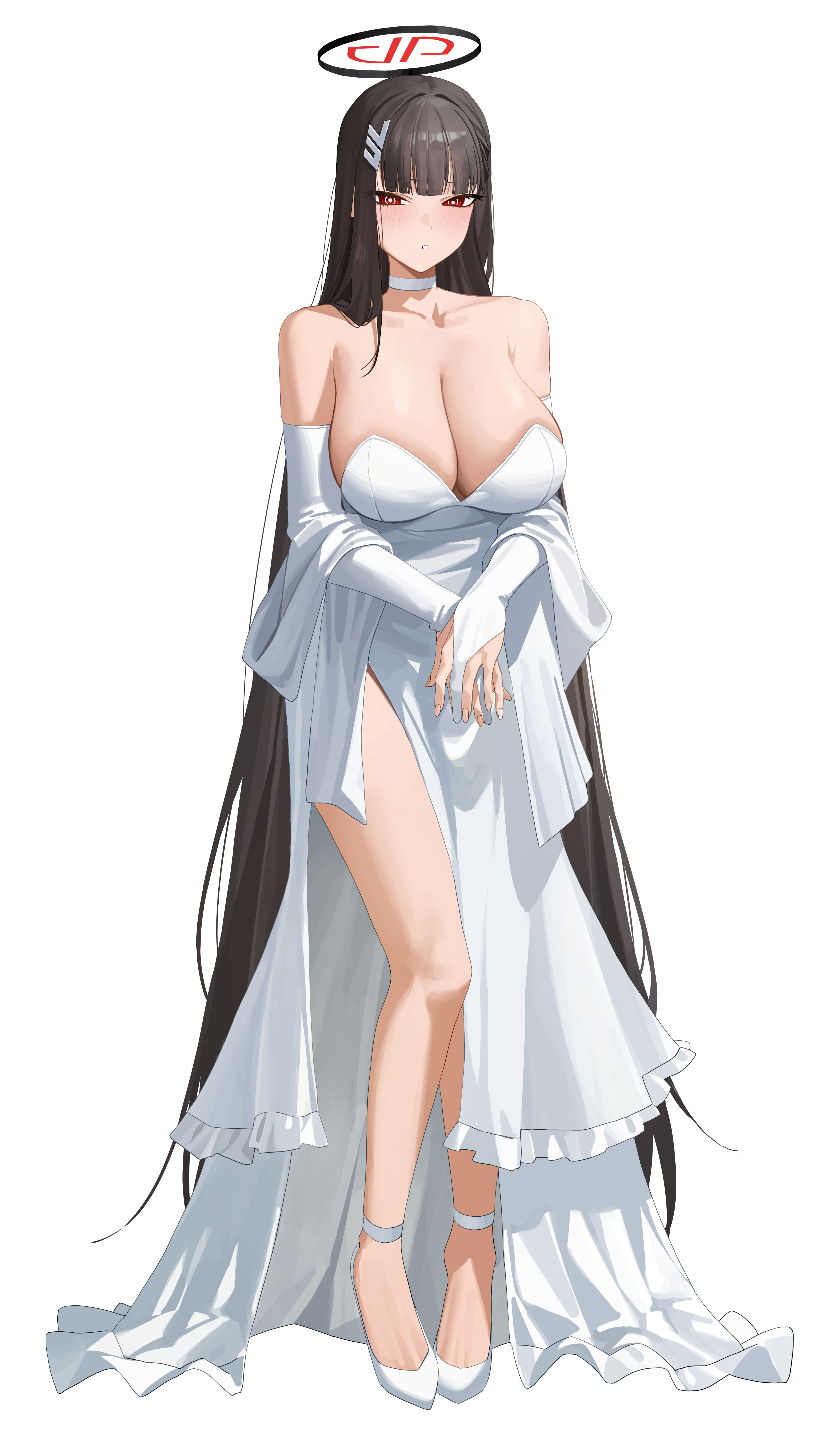 mm (mhm2592), rio (blue archive), blue archive, absurdres, highres, 1girl, alternate costume, bare shoulders, black hair, blunt bangs, blush, breasts, bridal gauntlets, choker, cleavage, dress, elbow gloves, gloves, halo, huge breasts, long hair, looking at viewer, parted lips, red eyes, red halo, shoes, sleeveless, sleeveless dress, solo, strapless, strapless dress, white bridal gauntlets, white choker, white dress, white shoes