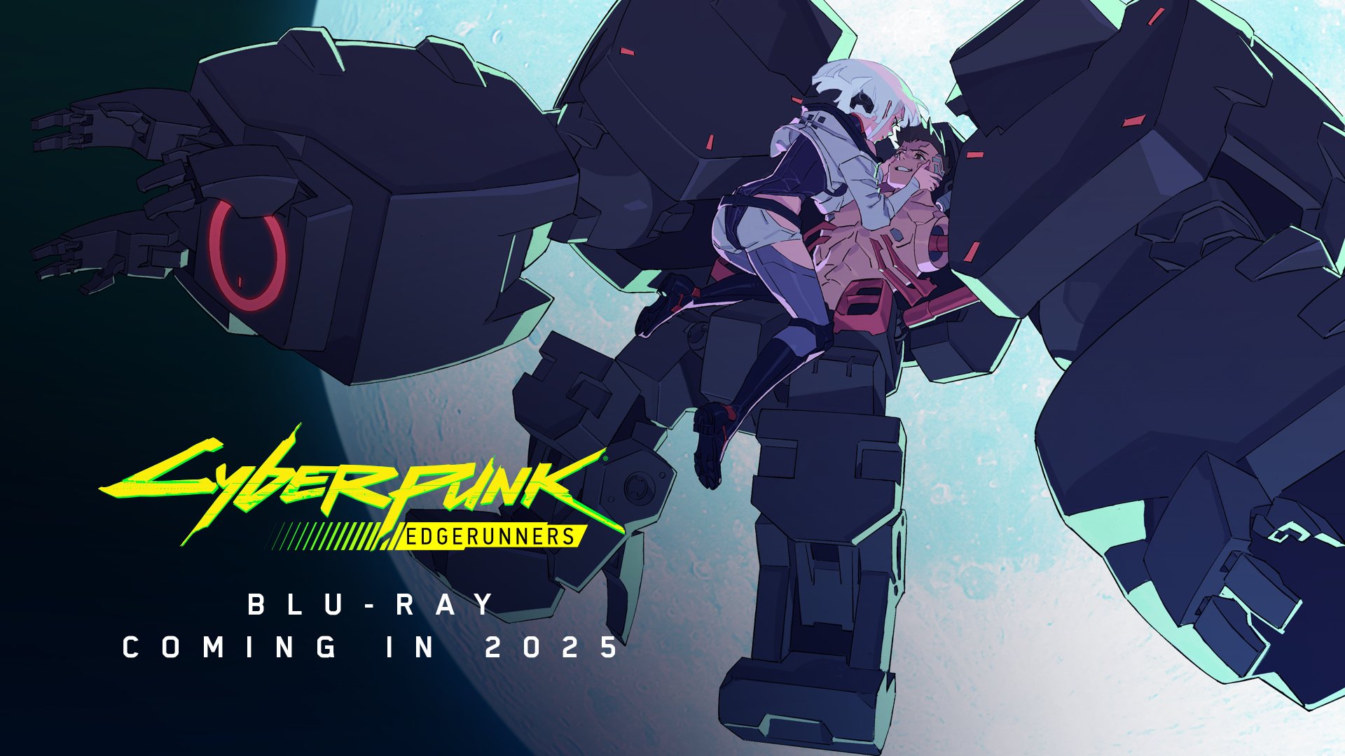 yoshinari you, david martinez, lucy (cyberpunk), cyberpunk: edgerunners, cyberpunk (series), trigger (company), highres, 1boy, 1girl, cyberpunk, moon, muscular, muscular male, sad smile, white hair