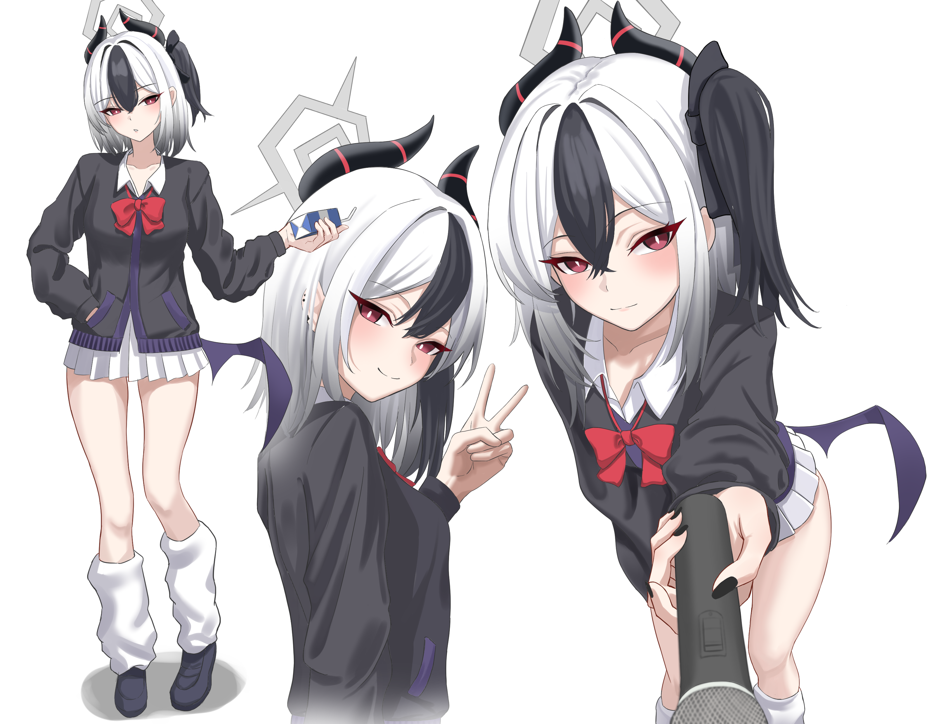 yu soft029, kayoko (blue archive), blue archive, absurdres, highres, 1girl, alternate costume, alternate hairstyle, black hair, black jacket, black shoes, blush, bow, closed mouth, demon girl, demon horns, demon wings, ear piercing, hair between eyes, hand in pocket, holding, holding microphone, horns, jacket, loose socks, microphone, multicolored hair, one side up, open mouth, piercing, pleated skirt, red bow, red eyes, shirt, shoes, short hair, sidelocks, single wing, skirt, smile, socks, two-tone hair, v, white hair, white shirt, white skirt, white socks, wings