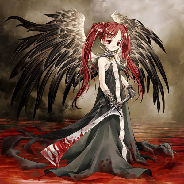angel, blood, goth fashion, loli, long hair, red eyes, red hair, sword, twintails, weapon, wings