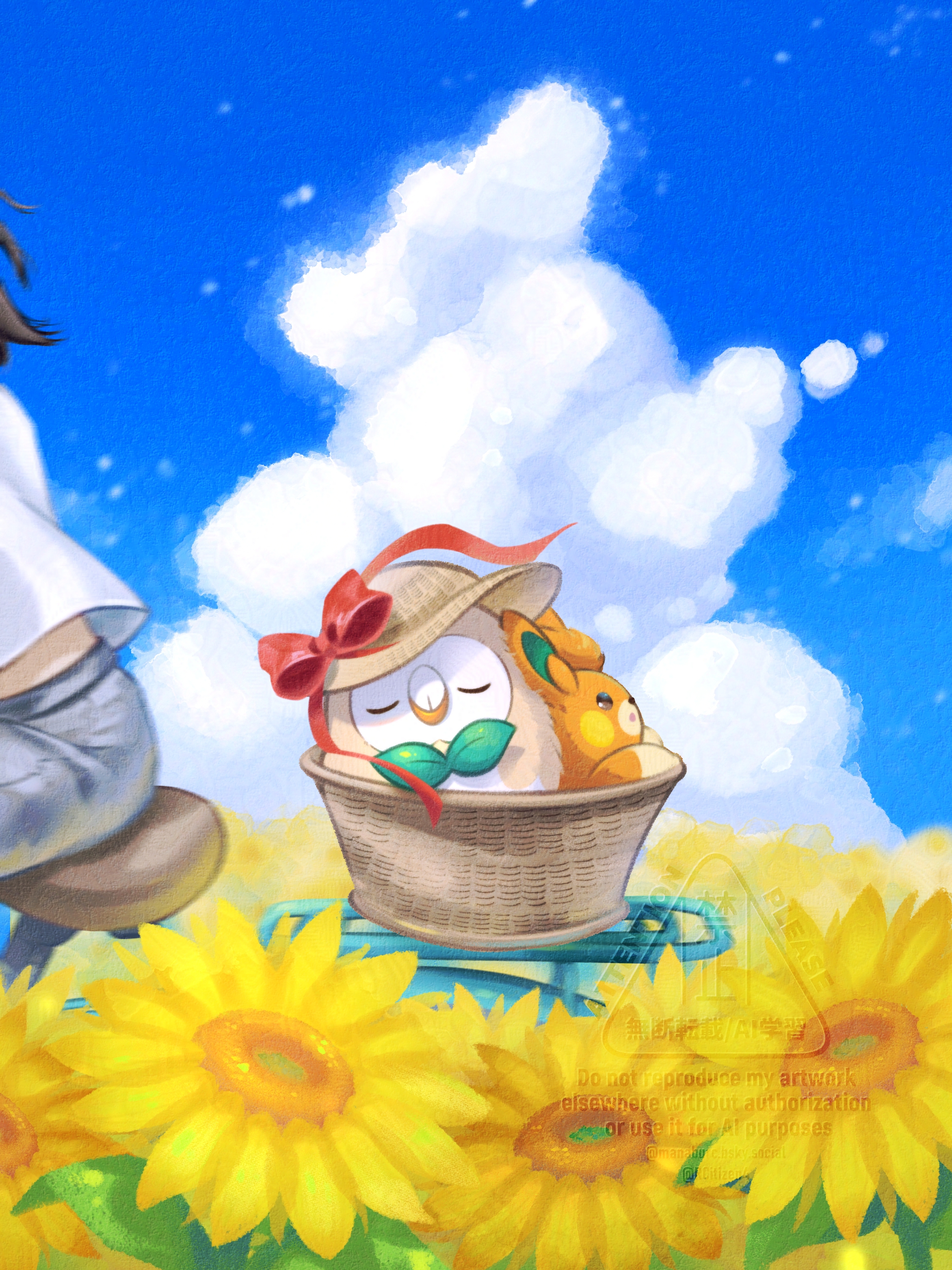 rcitizen4, pawmi, rowlet, nintendo, pokemon, absurdres, highres, 1other, basket, bicycle, bird, blue pants, blue sky, closed eyes, cloud, field, flower, flower field, gen 7 pokemon, hat, in basket, in container, outdoors, owl, pants, pokemon (creature), pokemon focus, red ribbon, ribbon, shirt, sky, sun hat, sunflower, sunflower field, white shirt