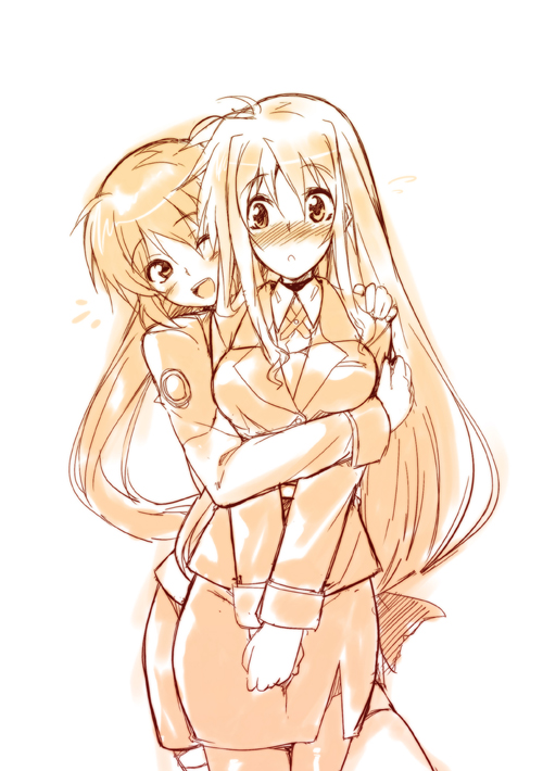kawakami shuuichi, shu (artist), fate testarossa, takamachi nanoha, lyrical nanoha, mahou shoujo lyrical nanoha, mahou shoujo lyrical nanoha strikers, 00s, 2girls, blush, hug, long hair, low-tied long hair, military, military uniform, monochrome, multiple girls, orange theme, pantyhose, side ponytail, thighhighs, v arms, yuri
