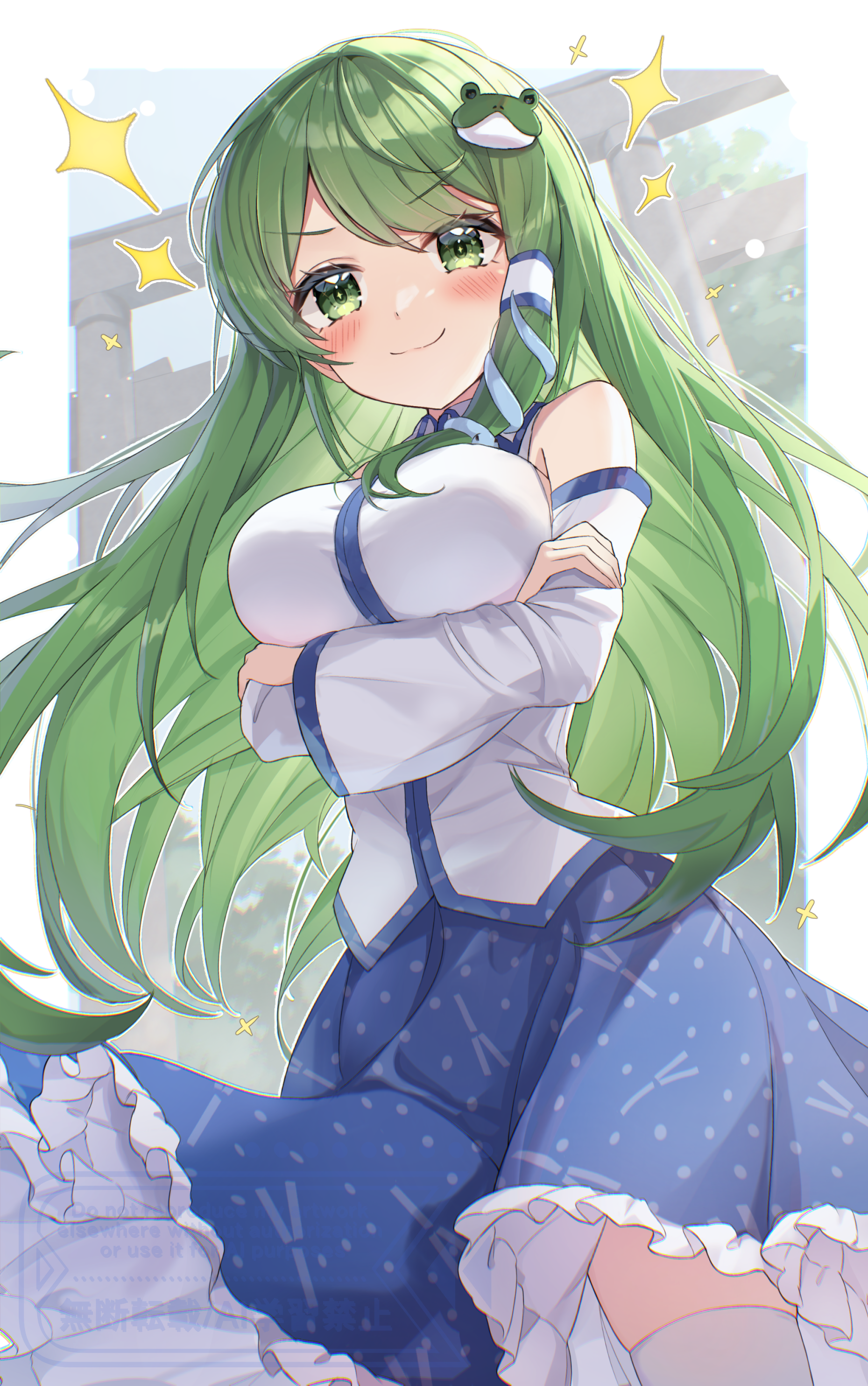 wheat retzel, kochiya sanae, touhou, absurdres, commentary request, highres, 1girl, arms under breasts, blush, breasts, detached sleeves, frog, frog hair ornament, gohei, green eyes, green hair, hair ornament, hair tubes, large breasts, long hair, looking at viewer, print skirt, single hair tube, skirt, smile, snake, snake hair ornament, solo, thighhighs, white thighhighs