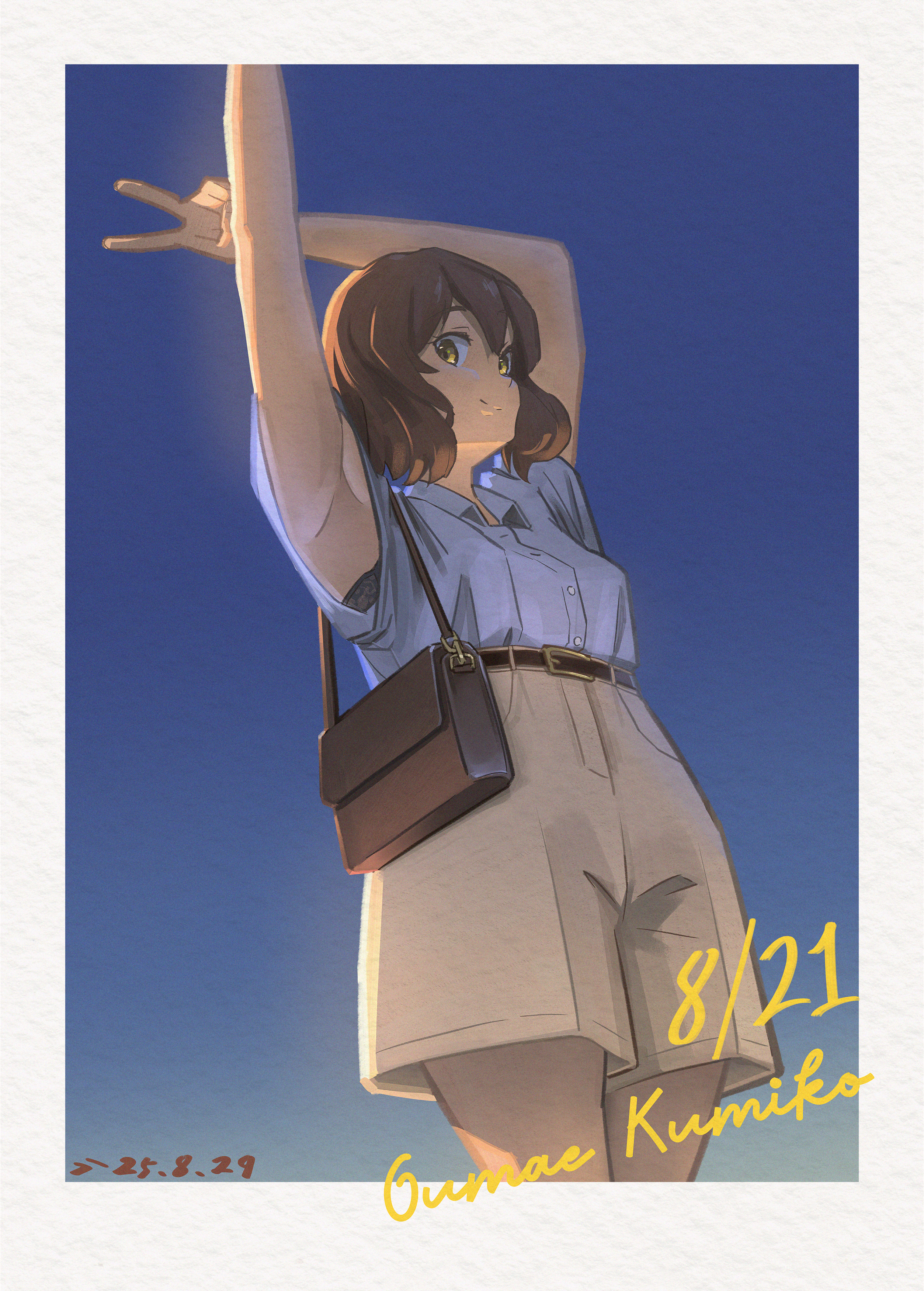 tornier, oumae kumiko, hibike! euphonium, absurdres, commentary, english commentary, highres, 1girl, aged up, armpits, arms up, bag, belt, black bra, blue shirt, border, bra, bra peek, brown bag, brown hair, brown shorts, character name, closed mouth, collared shirt, cowboy shot, dated, dress shirt, from below, handbag, looking at viewer, shirt, short hair, shorts, smile, solo, underwear, v, white border, yellow eyes