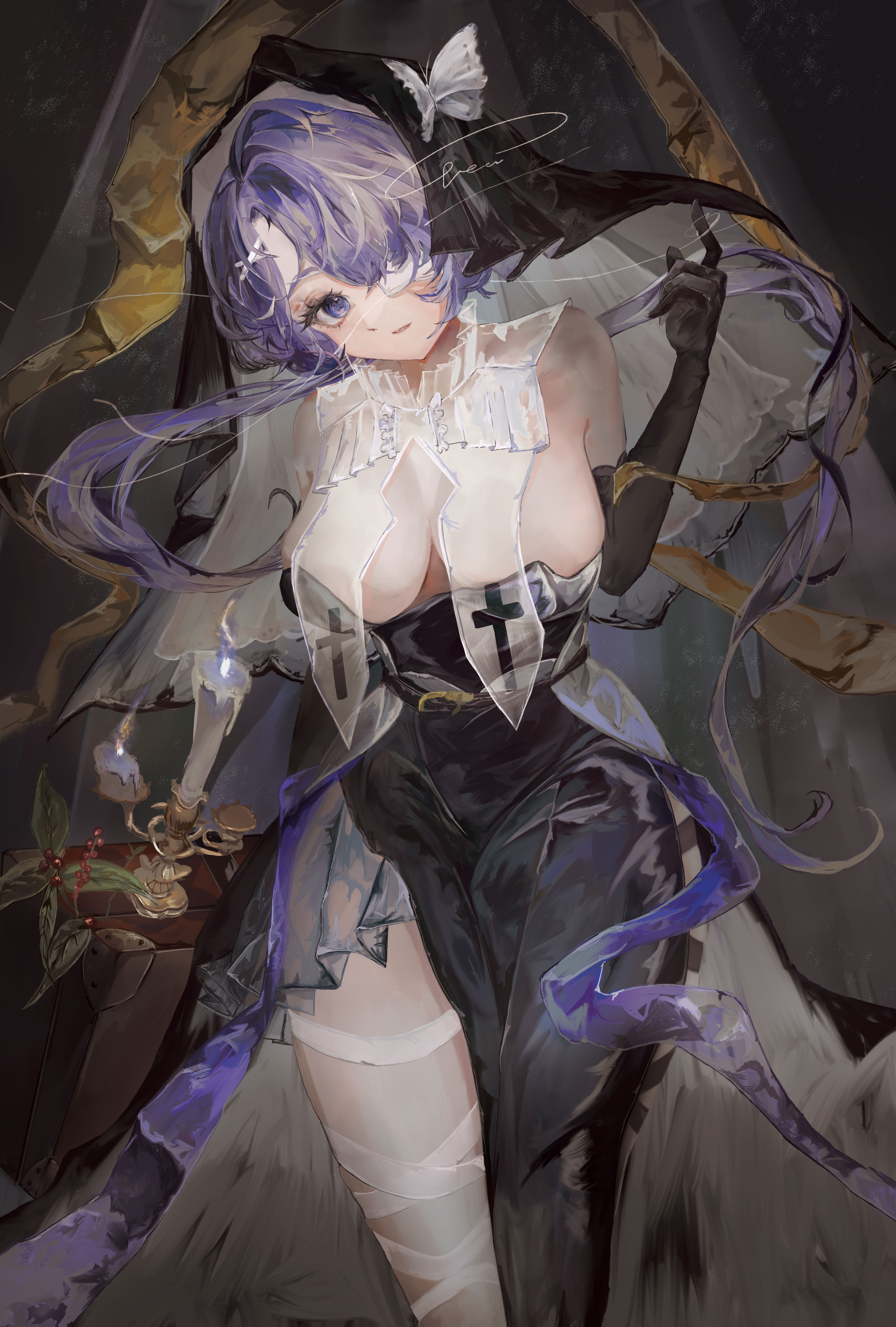 vea (v ea ), whisperain (arknights), arknights, absurdres, highres, 1girl, berry, black dress, black gloves, black veil, breasts, bug, butterfly, candelabra, candlestand, cleavage, cross, dress, elbow gloves, eyepatch, gloves, hair ornament, hair over eyes, insect, large breasts, leg ribbon, looking at viewer, off-shoulder dress, off shoulder, parted lips, purple eyes, purple hair, ribbon, short hair, signature, solo, strapless, thread, veil