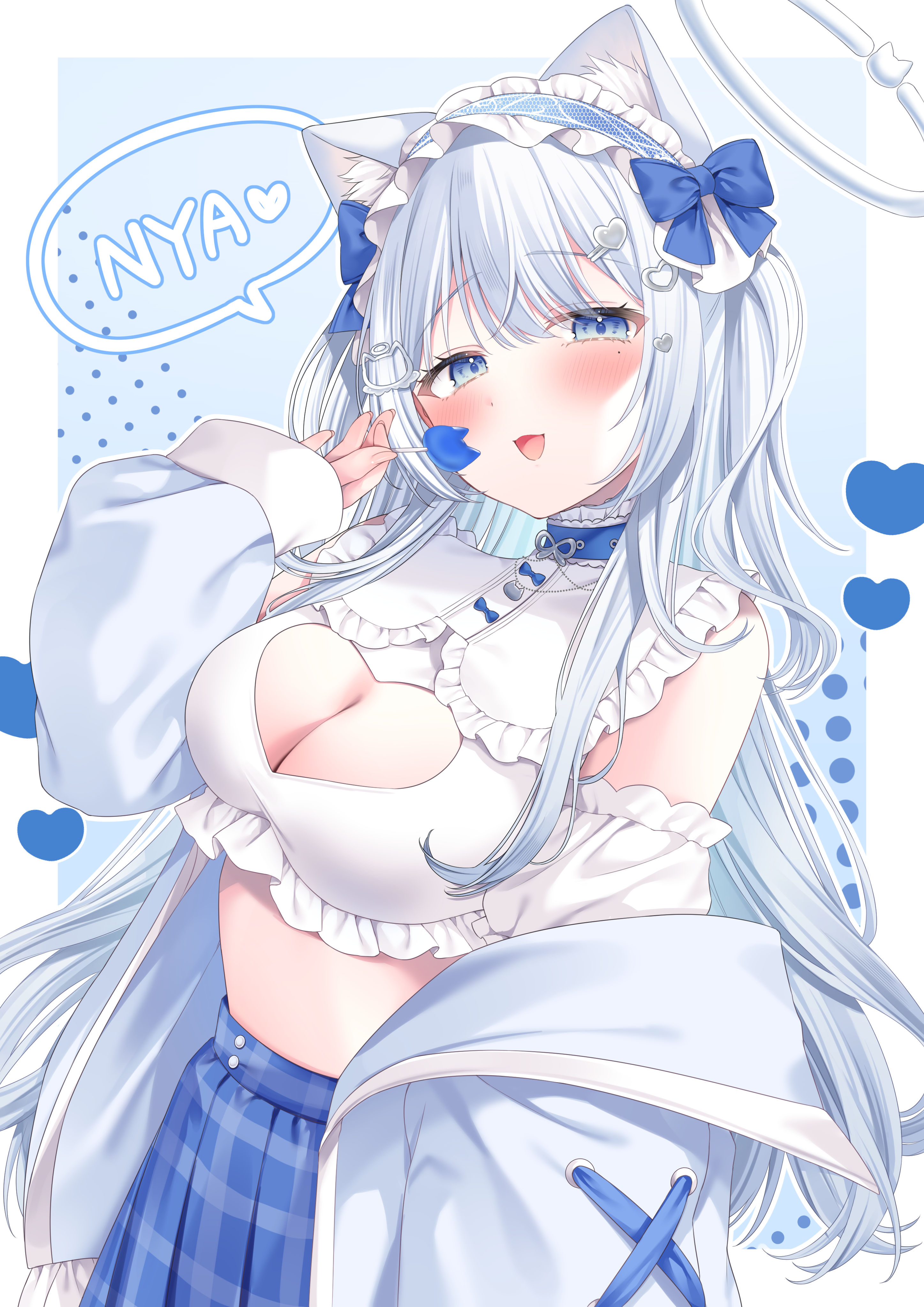 kmr 7m, indie virtual youtuber, absurdres, commission, highres, skeb commission, 1girl, animal ears, blue bow, blue eyes, blue hair, blue jacket, blue skirt, blush, bow, breasts, cat ears, choker, cleavage, cleavage cutout, clothing cutout, collar, cropped shirt, frilled collar, frills, grey hair, hair bow, hair ornament, halo, headdress, jacket, large breasts, long hair, looking at viewer, midriff, nekone uyu, open clothes, open jacket, open mouth, pleated skirt, shirt, skirt, smile, solo, virtual youtuber, white shirt