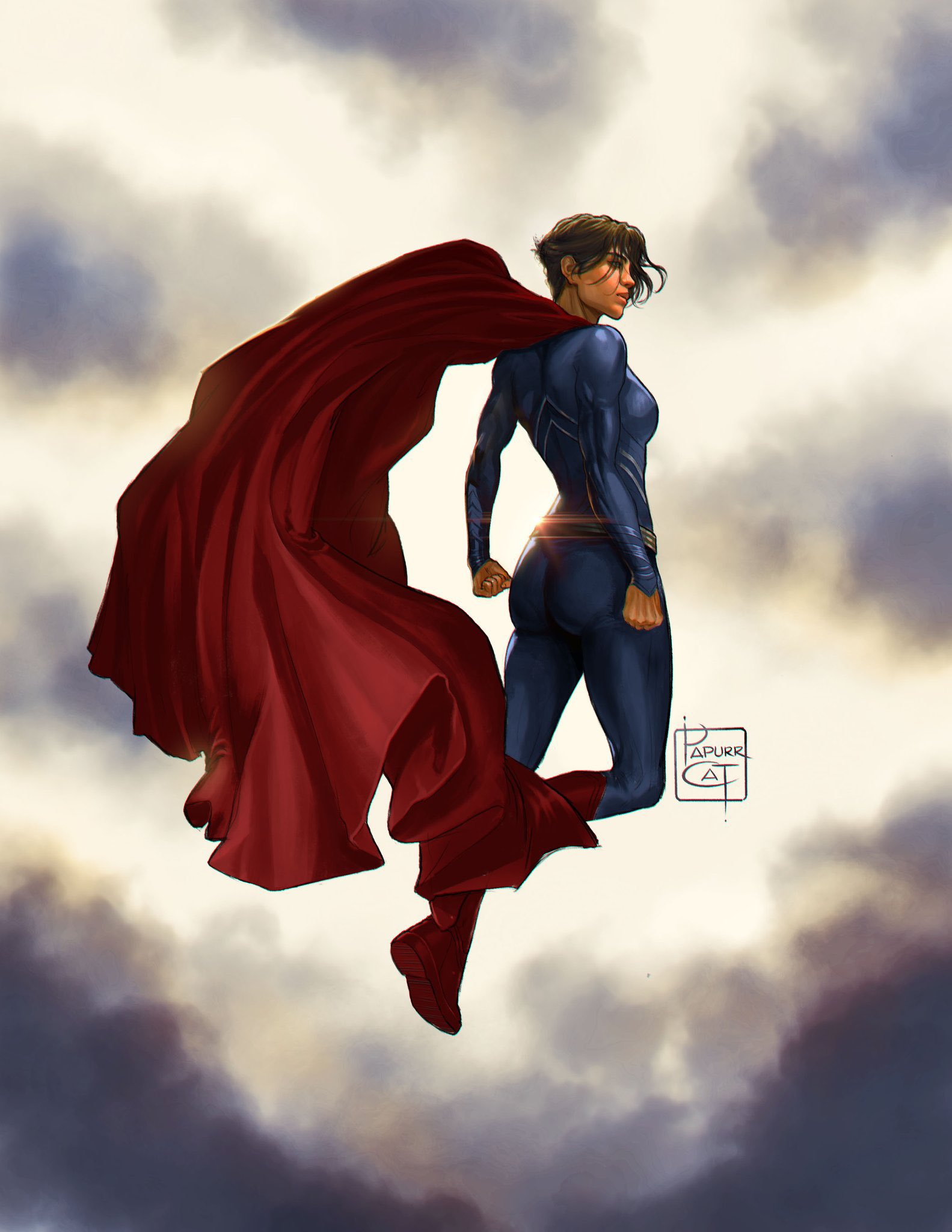 papurrcat, supergirl, dc comics, dc extended universe, superman (series), the flash (movie), highres, 1girl, artist name, black hair, blue bodysuit, bodysuit, boots, cape, outdoors, red boots, red cape, sasha calle, short hair, solo