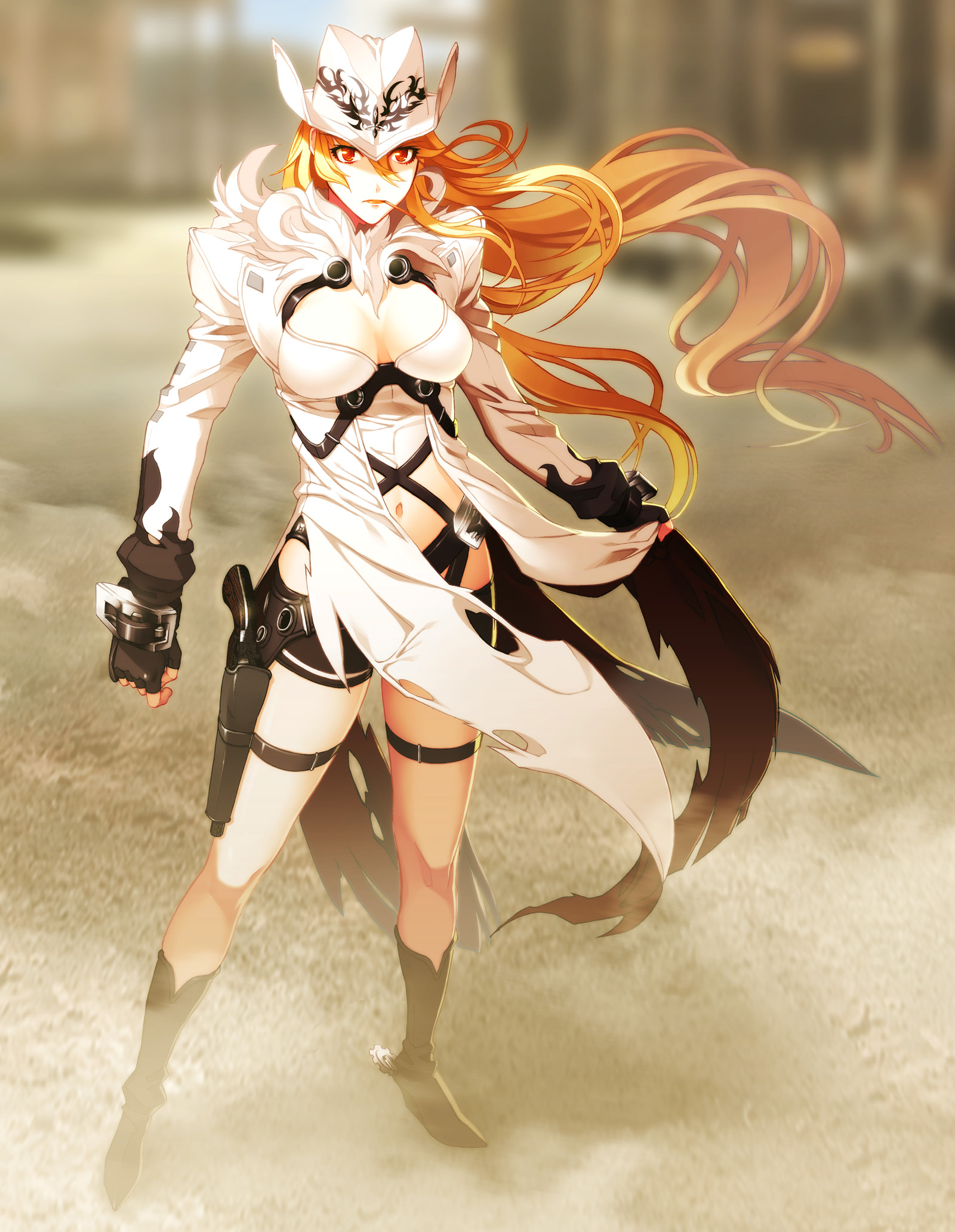 nishii (damnedrive), donne anonime, nitroplus, zoku satsuriku no django, highres, non-web source, 1girl, blonde hair, boots, breasts, cleavage, cowboy hat, cowboy western, female focus, fingerless gloves, full body, gloves, gun, handgun, hat, holster, large breasts, long hair, navel, pistol, red eyes, revolver, shorts, solo, spurs, strap, thigh strap, torn clothes, weapon