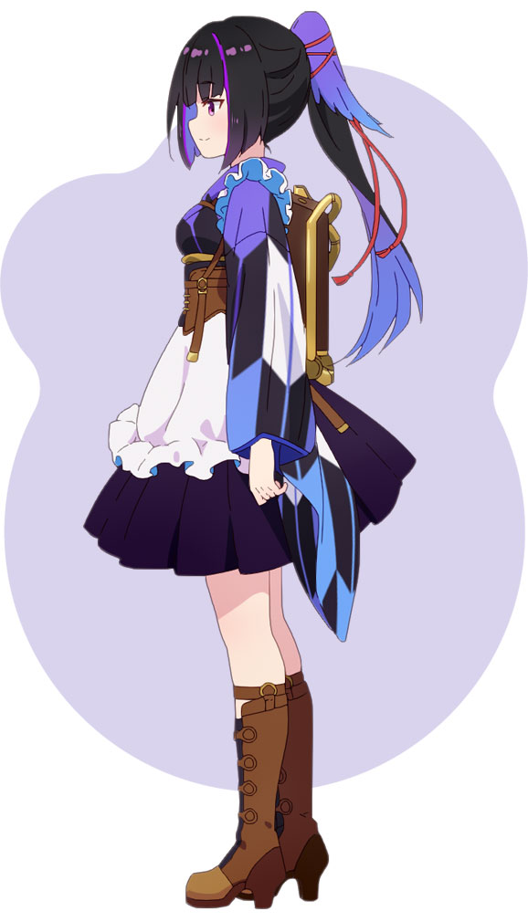 fuzichoco, karasuba (prima doll), prima doll (anime), official art, 1girl, anime coloring, apron, black hair, blush, boots, breasts, brown boots, brown corset, closed mouth, colored inner hair, corset, eyeliner, from side, full body, hair ribbon, japanese clothes, kimono, large breasts, long hair, long sleeves, makeup, multicolored hair, pleated skirt, ponytail, profile, purple background, purple eyeliner, purple eyes, purple hair, purple kimono, purple skirt, red ribbon, ribbon, sidelocks, skirt, smile, solo, standing, streaked hair, two-tone background, white background, wide sleeves