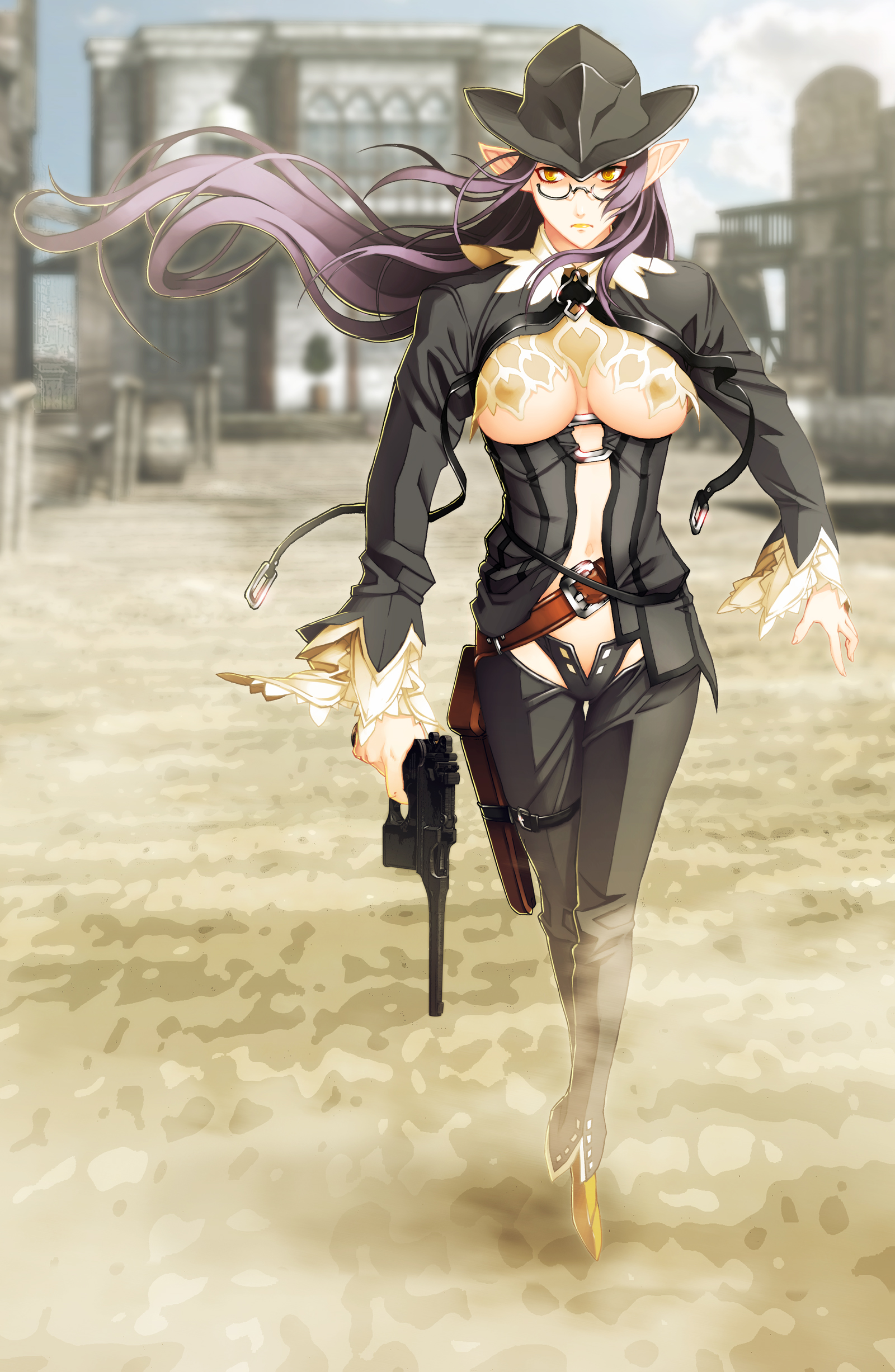 nishii (damnedrive), lily salvatana, nitroplus, zoku satsuriku no django, absurdres, game cg, highres, non-web source, 1girl, bad anatomy, bad feet, belt, black panties, breasts, cowboy hat, cowboy western, elf, feet, female focus, frown, glasses, gun, handgun, hat, holster, large breasts, lipstick, long hair, makeup, mauser c96, panties, pistol, pointy ears, poorly drawn, purple hair, solo, thigh holster, thigh strap, underboob, underwear, weapon, wind, yellow eyes