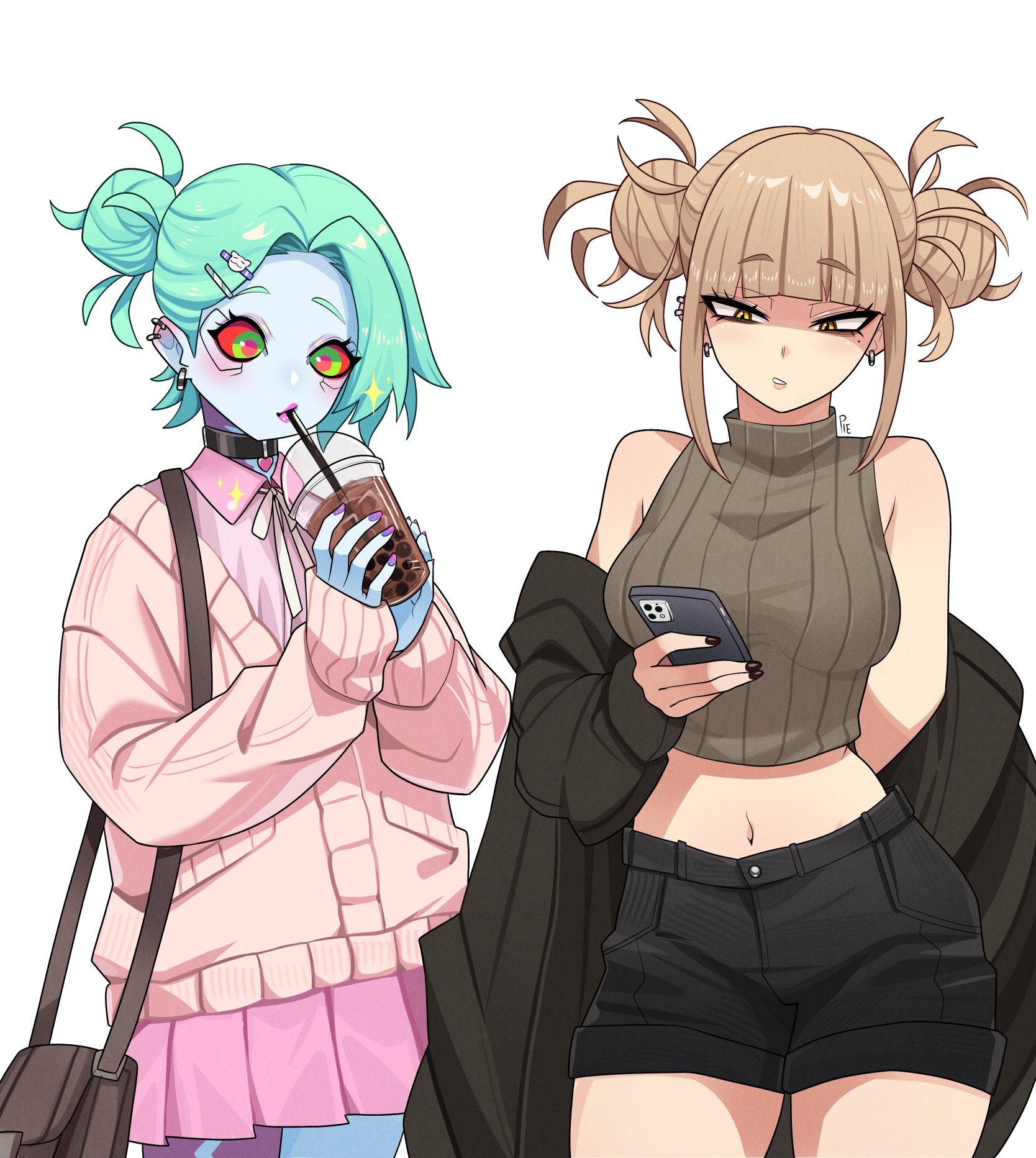 unusualpie, rebecca (cyberpunk), toga himiko, boku no hero academia, cyberpunk: edgerunners, cyberpunk (series), highres, 2girls, artificial eye, bags under eyes, black choker, black nails, black shot (sonic free riders), blonde hair, blunt bangs, bubble tea, cardigan, choker, colored sclera, colored skin, crop top, cup, double bun, drinking, earrings, hair bun, holding, holding cup, holding phone, jacket, jacket partially removed, jewelry, mechanical eye, messy hair, multiple girls, nail polish, narrowed eyes, navel, off shoulder, phone, pink cardigan, pink skirt, purple nails, red sclera, single hair bun, single hair intake, skirt, sleeveless, sleeveless sweater, sweater, white background, yellow eyes