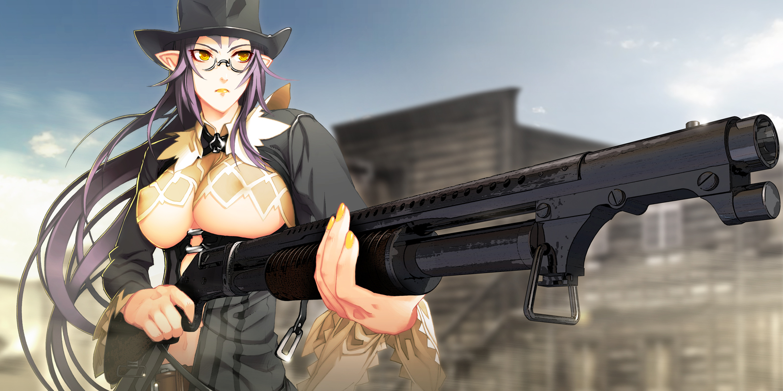 nishii (damnedrive), lily salvatana, nitroplus, zoku satsuriku no django, game cg, highres, non-web source, 1girl, 3d, breasts, cowboy hat, cowboy western, day, elf, female focus, glasses, gun, hat, large breasts, lipstick, long hair, makeup, nail polish, outdoors, pointy ears, pump action, purple hair, shotgun, solo, underboob, very long hair, weapon, winchester model 1897, yellow eyes, yellow nails