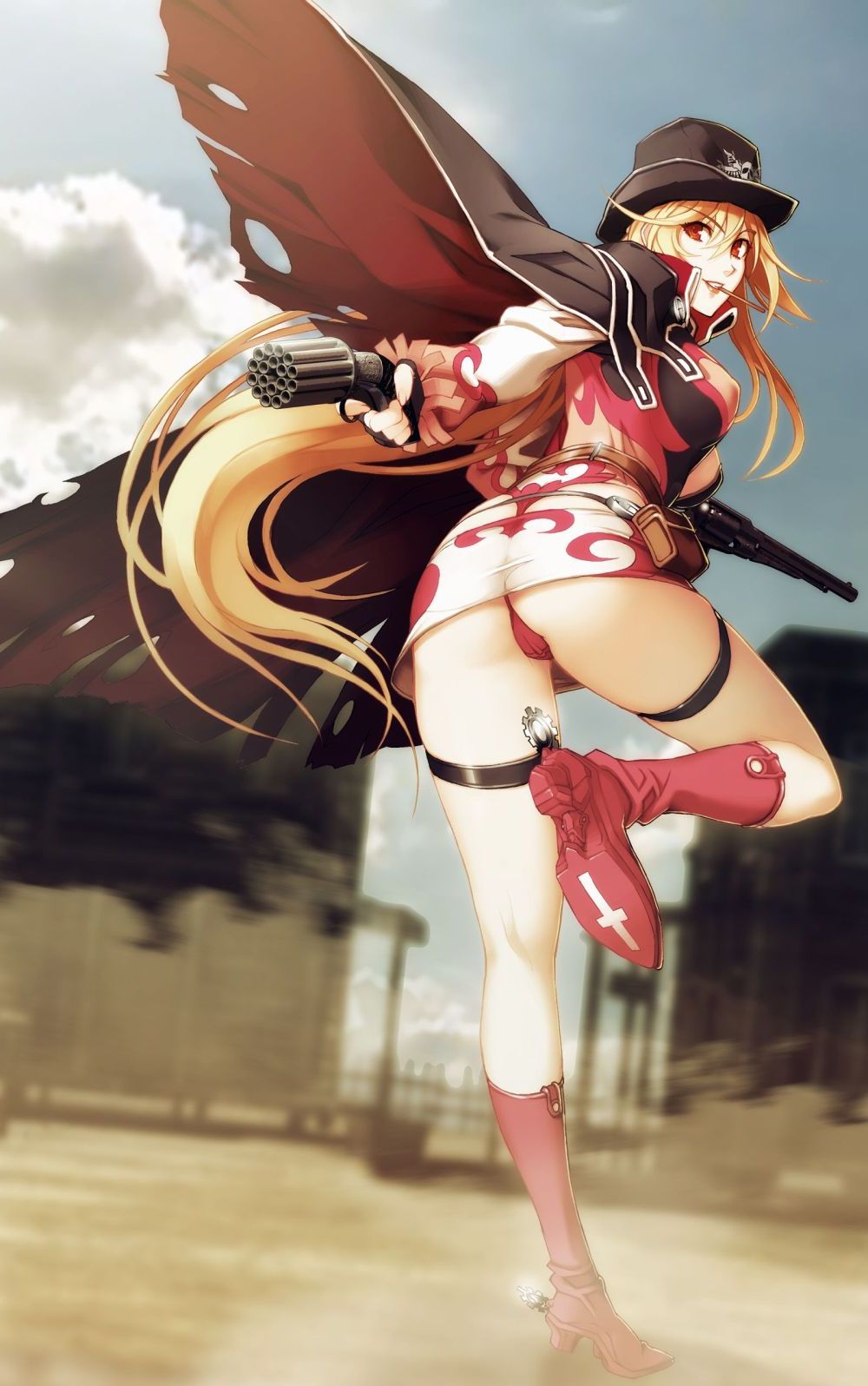 nishii (damnedrive), donne anonime, nitroplus, zoku satsuriku no django, highres, non-web source, 1girl, ass, belt, bent over, blonde hair, boots, breasts, cape, cowboy hat, cowboy western, female focus, full body, gun, handgun, hat, kneepits, large breasts, legs, long hair, looking back, mouth hold, multiple-barrel gun, panties, pantyshot, pepper-box, pepper-box revolver, red eyes, red panties, revolver, sidearm, smile, solo, spurs, torn clothes, underwear, upskirt, very long hair, weapon