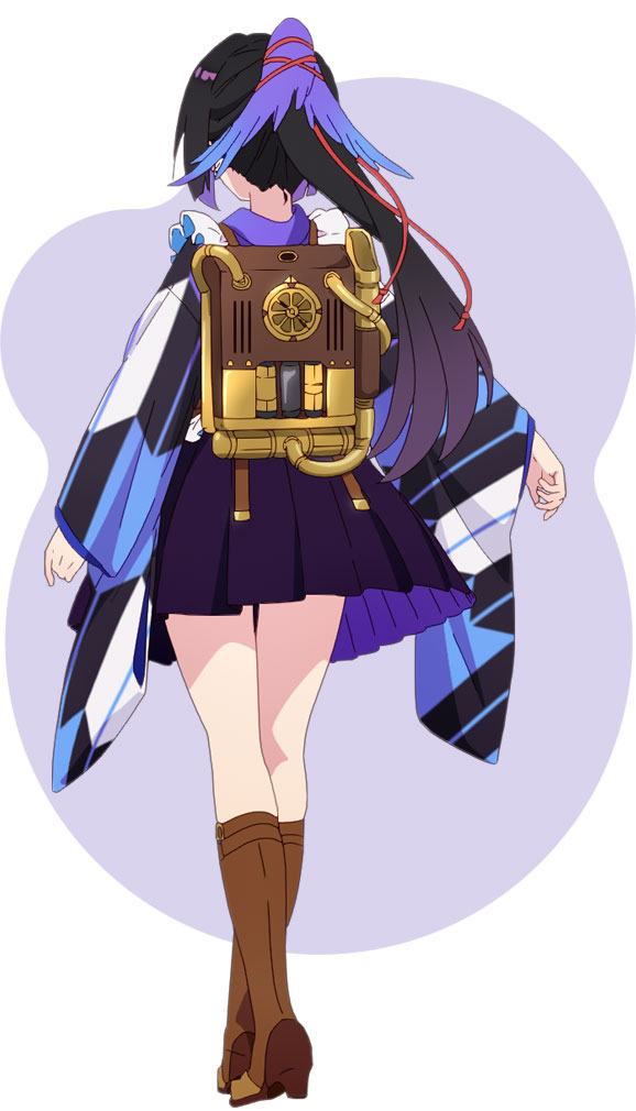 fuzichoco, karasuba (prima doll), prima doll (anime), official art, 1girl, anime coloring, black hair, boots, brown boots, from behind, full body, hair ribbon, japanese clothes, kimono, long hair, long sleeves, pleated skirt, ponytail, purple background, purple hair, purple kimono, purple skirt, red ribbon, ribbon, sidelocks, skirt, solo, standing, two-tone background, white background, wide sleeves