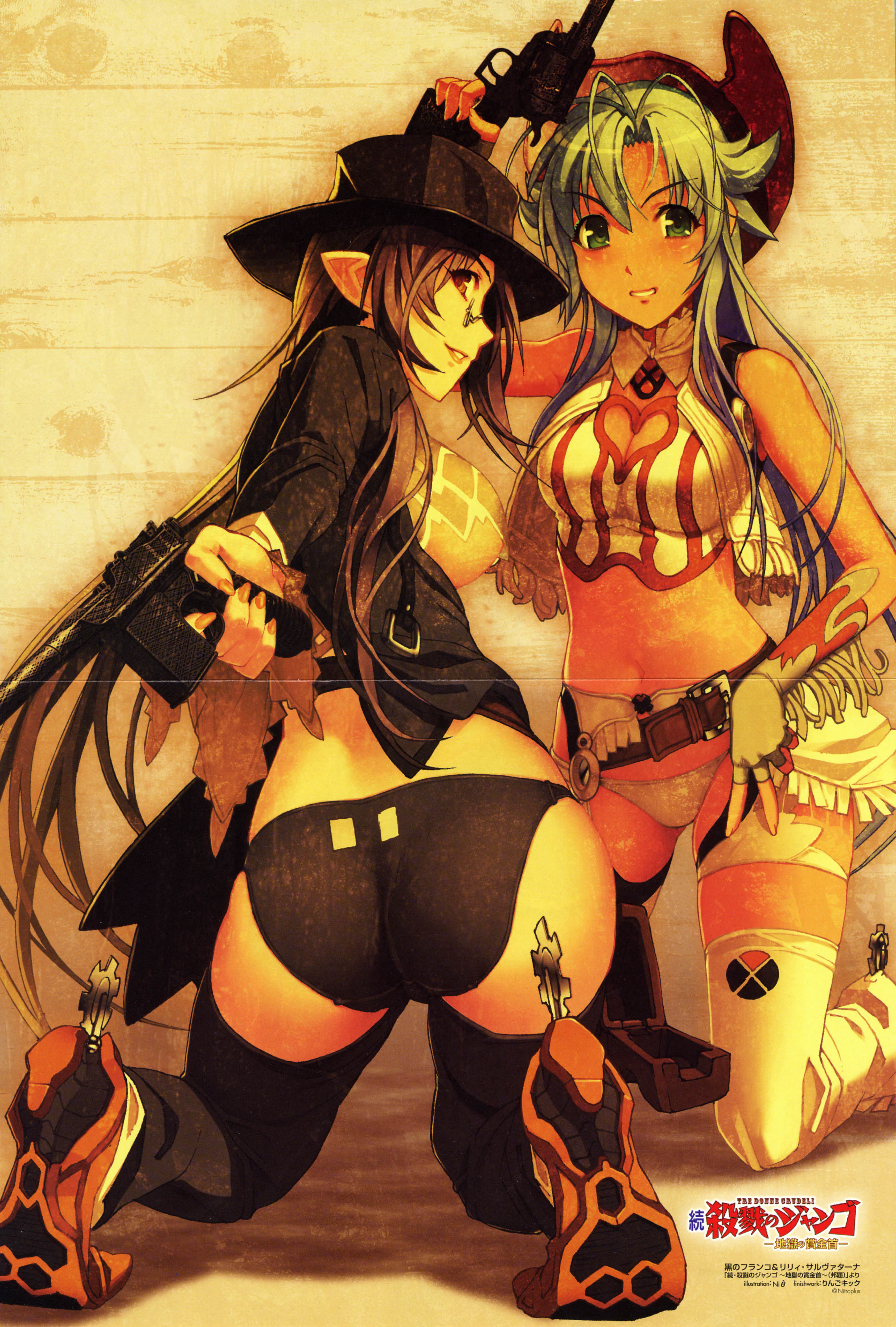 nishii (damnedrive), franco il nero, lily salvatana, nitroplus, zoku satsuriku no django, absurdres, highres, non-web source, 2girls, antenna hair, ass, belt, black panties, blue hair, blush, breasts, cleavage, cowboy hat, cowboy western, elf, fingerless gloves, fringe trim, glasses, gloves, green eyes, gun, handgun, hat, kneeling, large breasts, lipstick, long hair, looking back, lowleg, lowleg panties, makeup, mauser c96, midriff, multiple girls, nail polish, panties, pistol, pointy ears, purple hair, red eyes, revolver, smile, spurs, thighhighs, underwear, very long hair, weapon, white panties