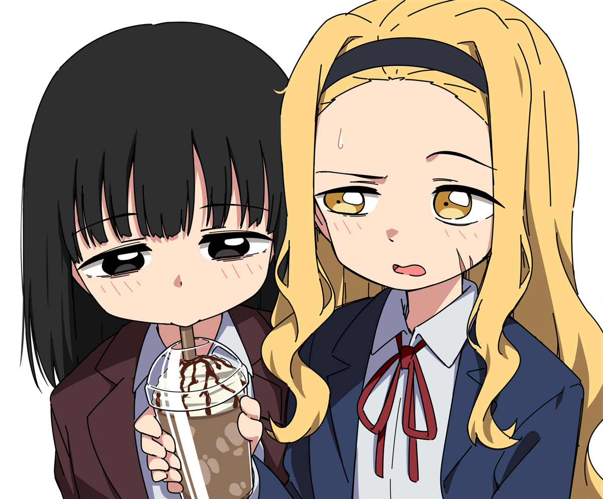 necono (nekonosora1207), kirarazaka marina, kuze shizuka, takopii no genzai, 2girls, black hair, blazer, blonde hair, blue eyes, blush, jacket, multiple girls, ribbon, scar, school uniform, shirt, white shirt, yellow eyes