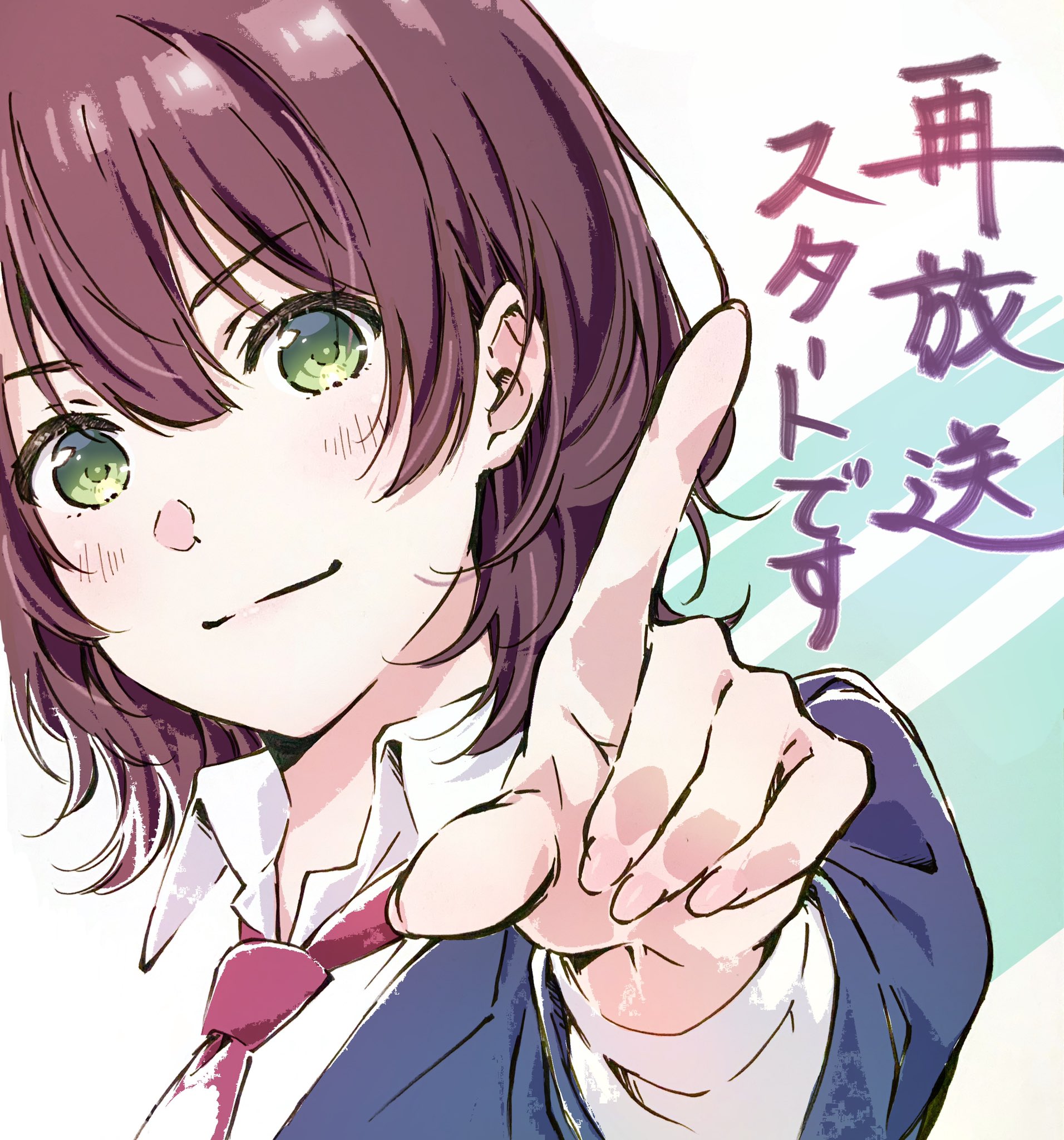 yano akane, hinami aoi, jaku-chara tomozaki-kun, commentary request, highres, translation request, 1girl, blue jacket, closed mouth, collared shirt, green eyes, index finger raised, jacket, looking at viewer, necktie, portrait, red hair, red necktie, school uniform, shirt, smile, solo, white shirt