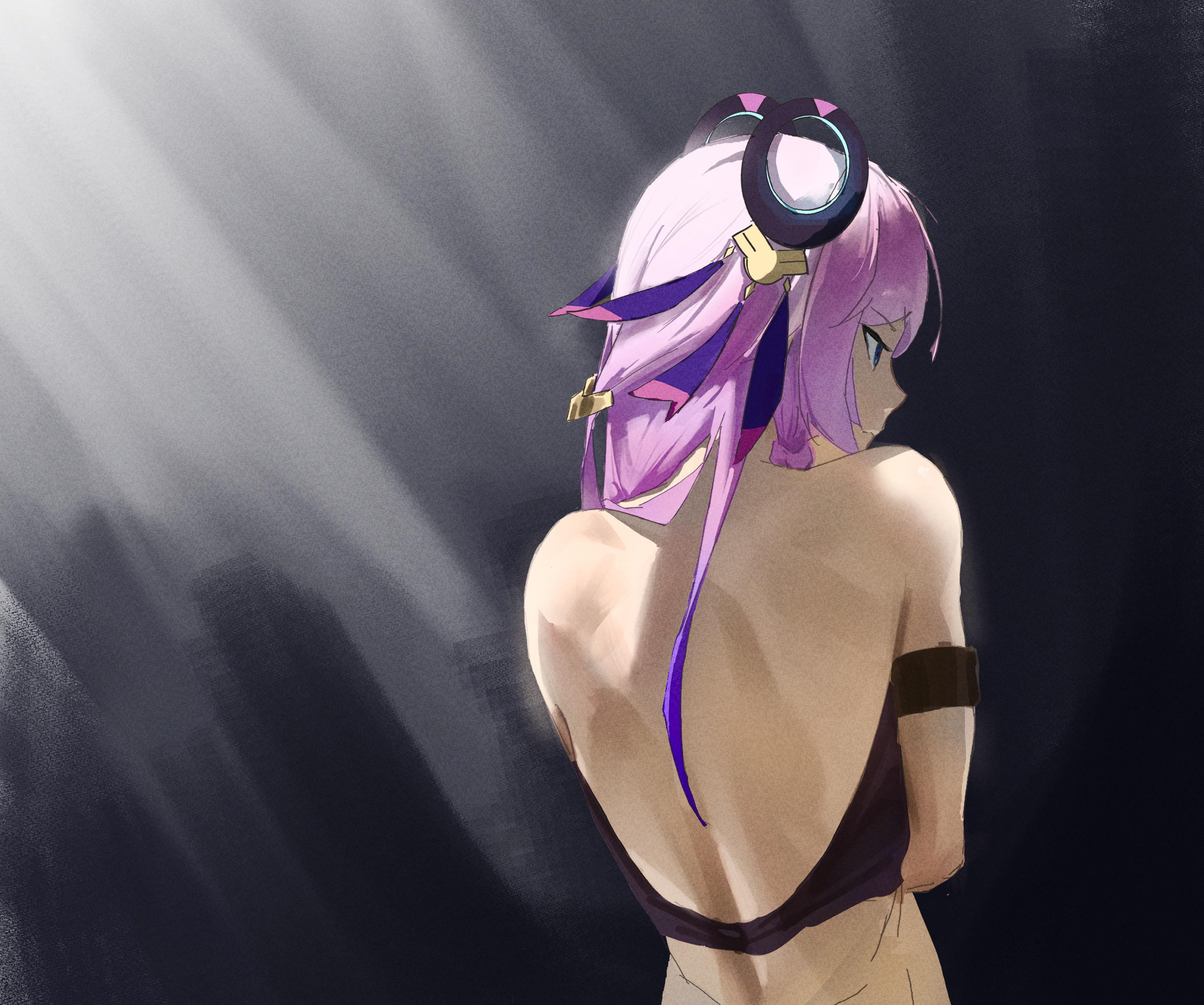 citlali (genshin impact), genshin impact, absurdres, highres, 1girl, backless outfit, bare back, bare shoulders, blue eyes, from behind, long hair, pink hair, ring hair ornament, solo, spoodzs, upper body