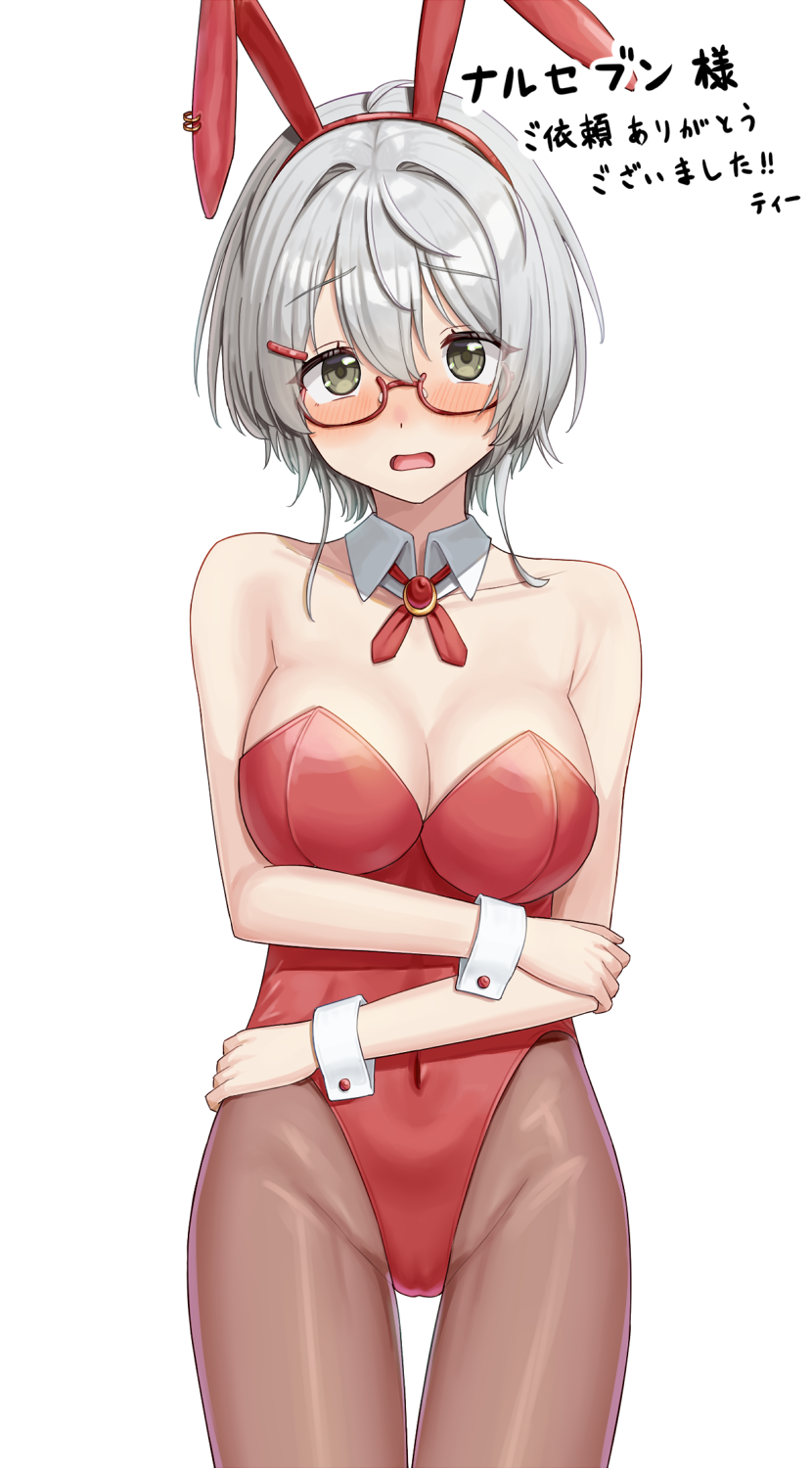 px-tea, kikuchi fuuka, jaku-chara tomozaki-kun, commentary request, commission, highres, skeb commission, 1girl, animal ear hairband, animal ears, bare shoulders, blush, bolo tie, breasts, brown pantyhose, covered navel, cowboy shot, detached collar, embarrassed, fake animal ears, glasses, green eyes, grey hair, hair between eyes, hairband, leotard, looking at viewer, medium breasts, open mouth, pantyhose, playboy bunny, rabbit ear hairband, rabbit ears, red-framed eyewear, red hairband, red leotard, semi-rimless eyewear, short hair, simple background, solo, strapless, strapless leotard, thigh gap, under-rim eyewear, white background, white wrist cuffs, wrist cuffs