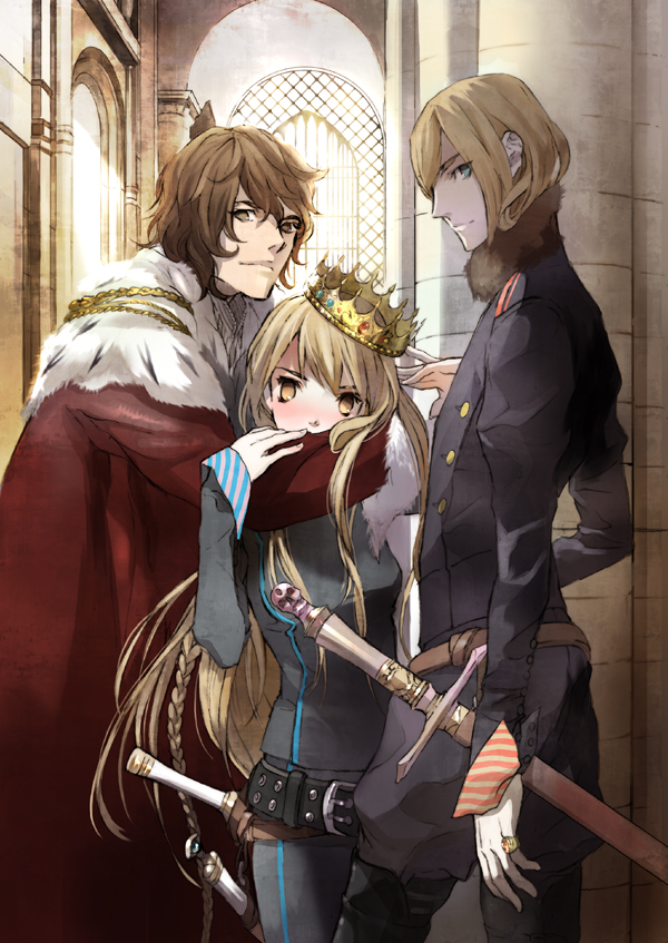 naoe marimo, ashihara chihiro, harukanaru toki no naka de, harukanaru toki no naka de 4, original, character request, 00s, 1girl, 2boys, blonde hair, cape, crown, hat, king, multiple boys, prince, red eyes, sword, weapon