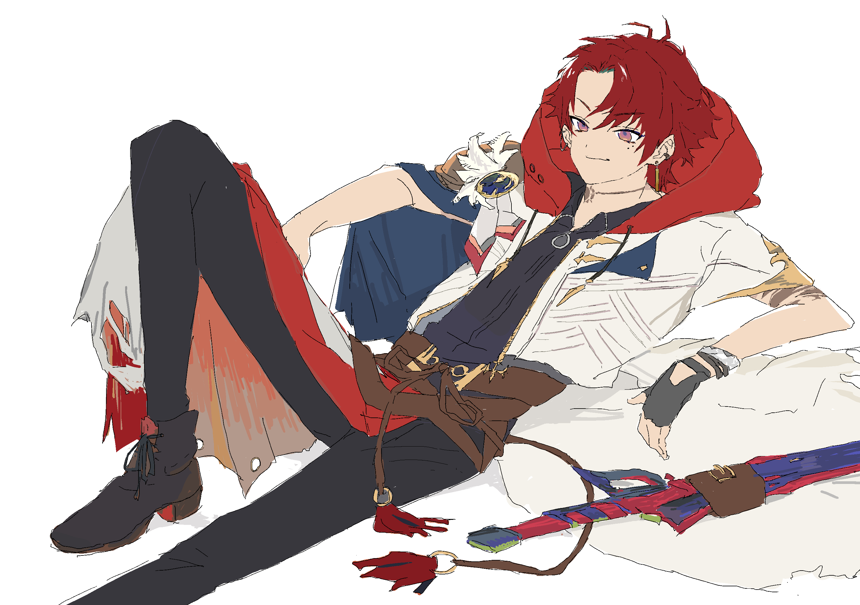 mmmkawaine, hiiragi tsurugi, neo-porte, highres, 1boy, ahoge, ankle boots, black pants, black shirt, boots, earrings, feathers, gloves, jacket, jewelry, lying, pants, piercing, red eyes, red hair, red hood, shirt, shoelaces, short hair, simple background, smile, solo, sword, tassel, virtual youtuber, weapon, white background