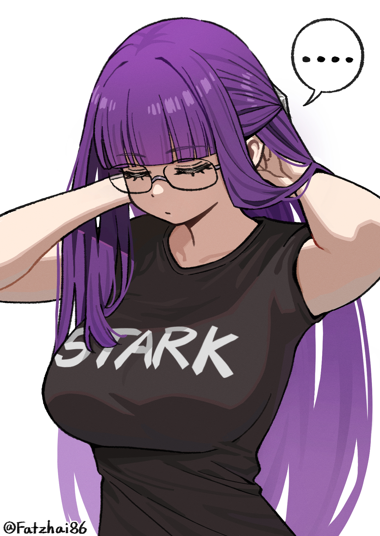 fatzhai, fern (sousou no frieren), sousou no frieren, highres, …, 1girl, adjusting hair, bespectacled, black shirt, breasts, closed eyes, closed mouth, glasses, large breasts, long hair, print shirt, purple hair, shirt, simple background, solo, t-shirt, upper body, very long hair, white background