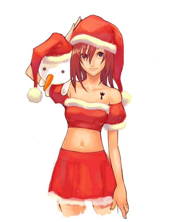 kairi (shery rakuura), kairi (kingdom hearts), plue, kingdom hearts, kingdom hearts ii, rave (manga), 00s, 1girl, bare shoulders, breasts, christmas, collarbone, crossover, female focus, hat, midriff, navel, red hair, santa costume, skirt, small breasts, snowman, solo, standing, strapless, tube top