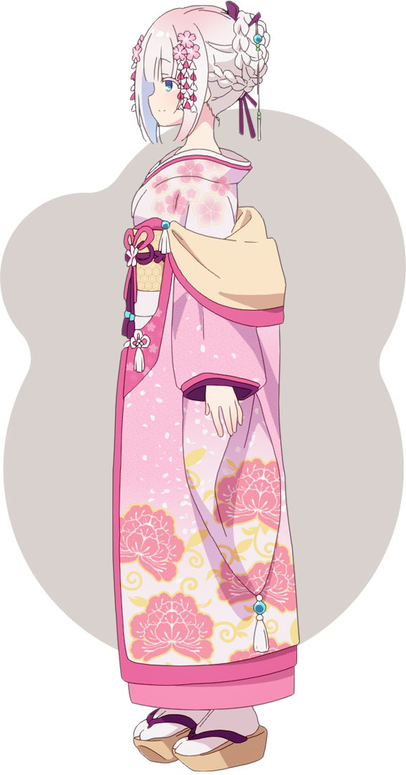 na-ga, prima doll (anime), official art, 1girl, anime coloring, blue eyes, blush, braid, braided bun, breasts, closed mouth, flower, from side, full body, grey background, hair bun, hair flower, hair ornament, japanese clothes, kanzashi, kimono, long sleeves, obi, okobo, ouka (prima doll), pink kimono, pink ribbon, platform sandals, profile, purple ribbon, ribbon, sandals, sash, sidelocks, single hair bun, small breasts, smile, socks, solo, standing, tareme, two-tone background, white background, white hair, white socks, wide sleeves