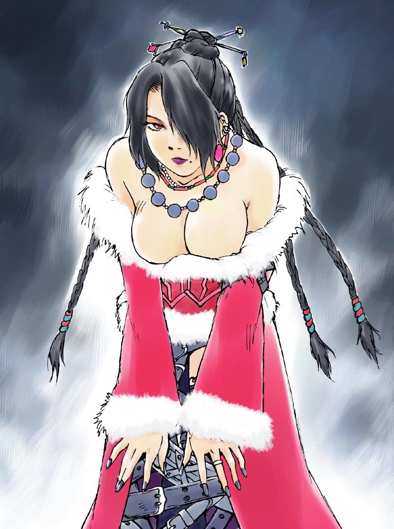iogi juichi, lulu (ff10), final fantasy, final fantasy x, lace-trimmed legwear, 00s, 1girl, bare shoulders, beads, belt, belt skirt, black background, black hair, black nails, braid, breasts, christmas, cleavage, closed mouth, downblouse, dress, ear piercing, earrings, female focus, fur trim, hair bun, hair ornament, hair over one eye, hair stick, half updo, hands on own knees, jewelry, lace, lace trim, large breasts, leaning forward, lipstick, long hair, makeup, mole, mole under mouth, multiple belts, nail polish, necklace, off shoulder, piercing, purple lips, purple thighhighs, red eyes, ring, santa costume, single hair bun, solo, standing, thighhighs