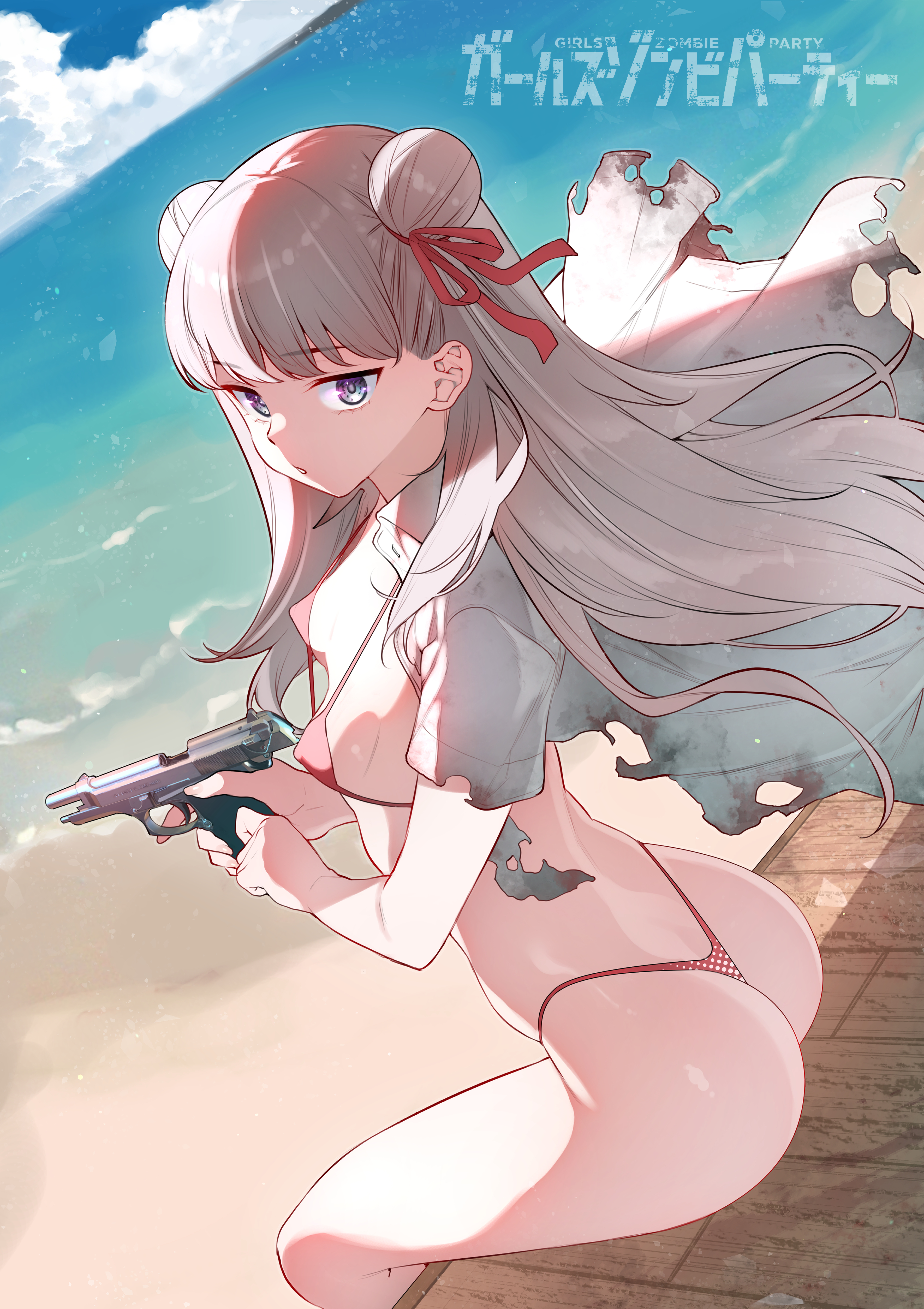kojima takeshi, tenshi maria, girls zombie party, absurdres, highres, 1girl, beach, beretta 92, bikini, blue eyes, bow, breasts, cloud, covered erect nipples, grey hair, gun, hair bow, hair bun, handgun, highleg, highleg bikini, holding, holding gun, holding weapon, long hair, looking at viewer, looking back, micro bikini, ocean, open clothes, open shirt, outdoors, red bikini, red bow, short sleeves, sitting, small breasts, solo, swimsuit, thong bikini, torn clothes, weapon