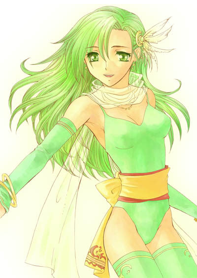 rydia (adult) (ff4), rydia (ff4), final fantasy, final fantasy iv, 1990s (style), 1girl, breasts, elbow gloves, female focus, gloves, gradient background, green eyes, green hair, leotard, matching hair/eyes, retro artstyle, solo