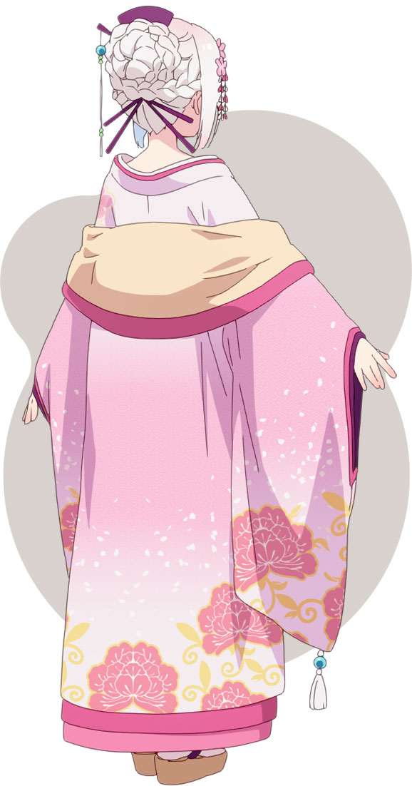 na-ga, prima doll (anime), official art, 1girl, anime coloring, braid, braided bun, flower, from behind, full body, grey background, hair bun, hair flower, hair ornament, japanese clothes, kanzashi, kimono, long sleeves, obi, okobo, ouka (prima doll), pink kimono, pink ribbon, platform sandals, ribbon, sandals, sash, sidelocks, single hair bun, socks, solo, standing, two-tone background, white background, white hair, white socks, wide sleeves
