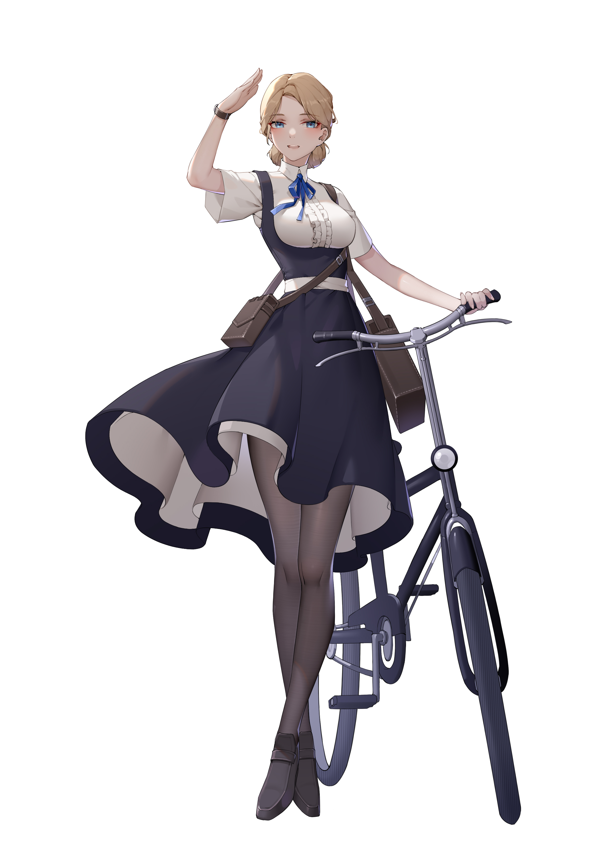 wsfw, erika (sebastian z), original, absurdres, highres, 1girl, arm up, bag, belt, bicycle, black dress, black pantyhose, blonde hair, blue eyes, blue ribbon, blue skirt, breasts, brown bag, center frills, collared shirt, crossed legs, dress, facing viewer, forehead, frills, full body, grey pantyhose, handbag, large breasts, looking at viewer, medium breasts, neck ribbon, open mouth, pantyhose, parted bangs, parted lips, petticoat, ribbon, salute, shirt, shoes, short hair, short sleeves, shoulder bag, simple background, skirt, sleeveless, sleeveless dress, slip showing, smile, solo, standing, suspender skirt, suspenders, underbust, watch, watson cross, weapon, white background, white belt, white shirt, wristwatch