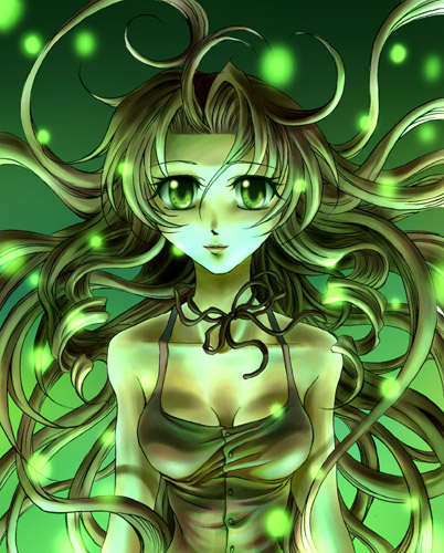 aerith gainsborough, final fantasy, final fantasy vii, lowres, 1990s (style), 1girl, bare shoulders, breasts, brown hair, camisole, choker, cleavage, collarbone, curly hair, female focus, floating hair, green eyes, lifestream, long hair, retro artstyle, sleeveless, solo, very long hair, wind