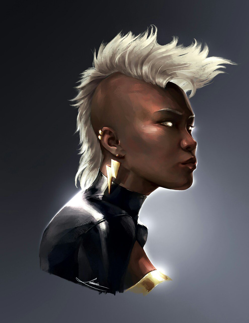 papurrcat, storm (x-men), marvel, x-men, highres, 1girl, blank eyes, blue dress, dark skin, dress, earrings, from side, gradient background, grey background, jewelry, lightning bolt earrings, lightning bolt symbol, mohawk, portrait, solo, very dark skin, white hair