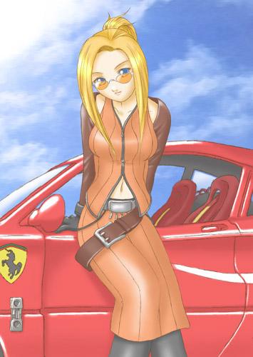 quistis trepe, ferrari, final fantasy, final fantasy viii, lowres, 1990s (style), 1girl, blonde hair, blue eyes, car, female focus, ferrari f40, glasses, midriff, motor vehicle, outdoors, retro artstyle, sky, solo
