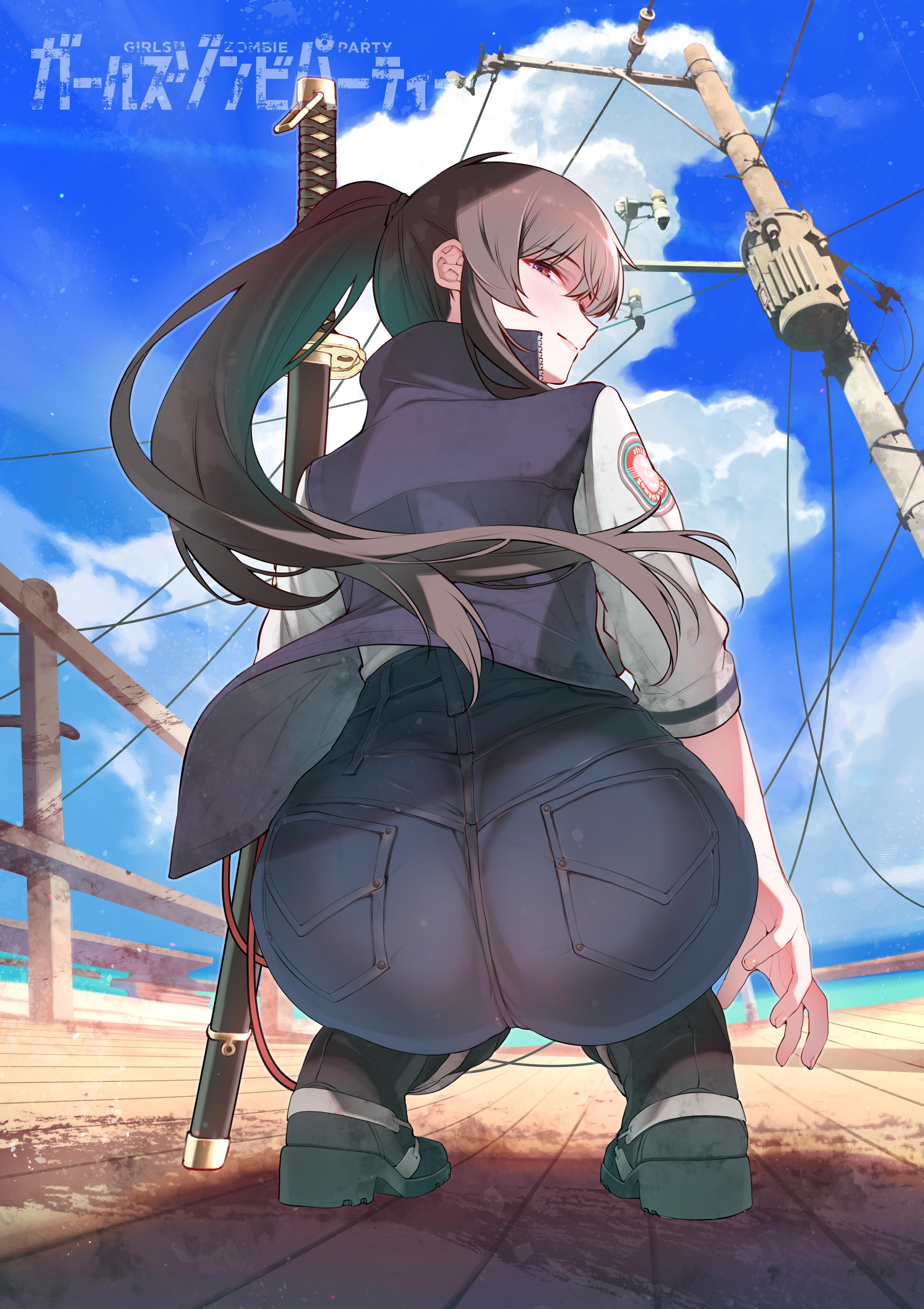 kojima takeshi, mitsurugi saya, girls zombie party, absurdres, highres, 1girl, ass, blue sky, brown hair, cloud, denim, full body, holding, holding sword, holding weapon, jacket, jeans, long hair, long sleeves, looking at viewer, looking back, multicolored jacket, outdoors, pants, ponytail, red eyes, sky, solo, squatting, sword, two-tone jacket, weapon