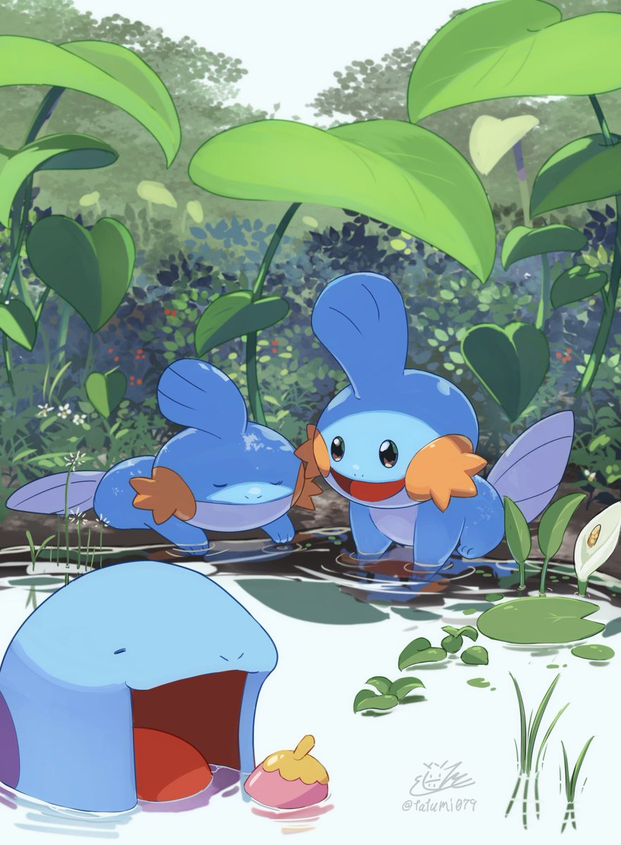 tatsumi (panneko), mudkip, quagsire, nintendo, pokemon, highres, animal focus, berry (pokemon), bush, closed eyes, closed mouth, gen 2 pokemon, gen 3 pokemon, leaf, lily pad, no humans, open mouth, outdoors, partially submerged, plant, pokemon (creature), pokemon focus, pond, qualot berry, smile, tail, tree, water
