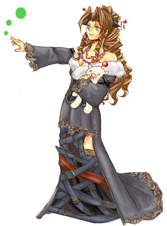 aerith gainsborough, lulu (ff10), moogle, final fantasy, final fantasy vii, final fantasy x, square enix, lowres, tagme, 1girl, bare shoulders, belt, belt skirt, brown hair, cosplay, doll, female focus, full body, long hair, lulu (ff10) (cosplay), multiple belts, simple background, solo, stuffed animal, stuffed toy, white background, wide sleeves