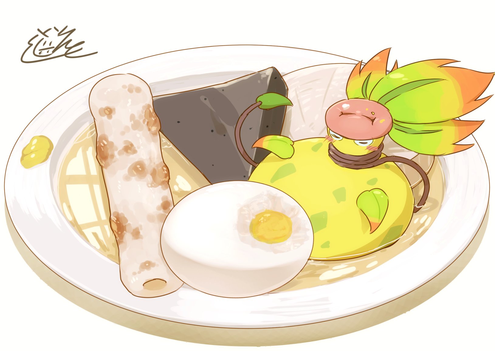tatsumi (panneko), mega victreebel, victreebel, nintendo, pokemon, pokemon legends: z-a, highres, blush, closed mouth, colored skin, egg, food, full body, gen 1 pokemon, leaf, mega pokemon, no humans, pink lips, plant, plant monster, plate, pokemon (creature), pokemon focus, smile, spotted skin, vines, yellow skin