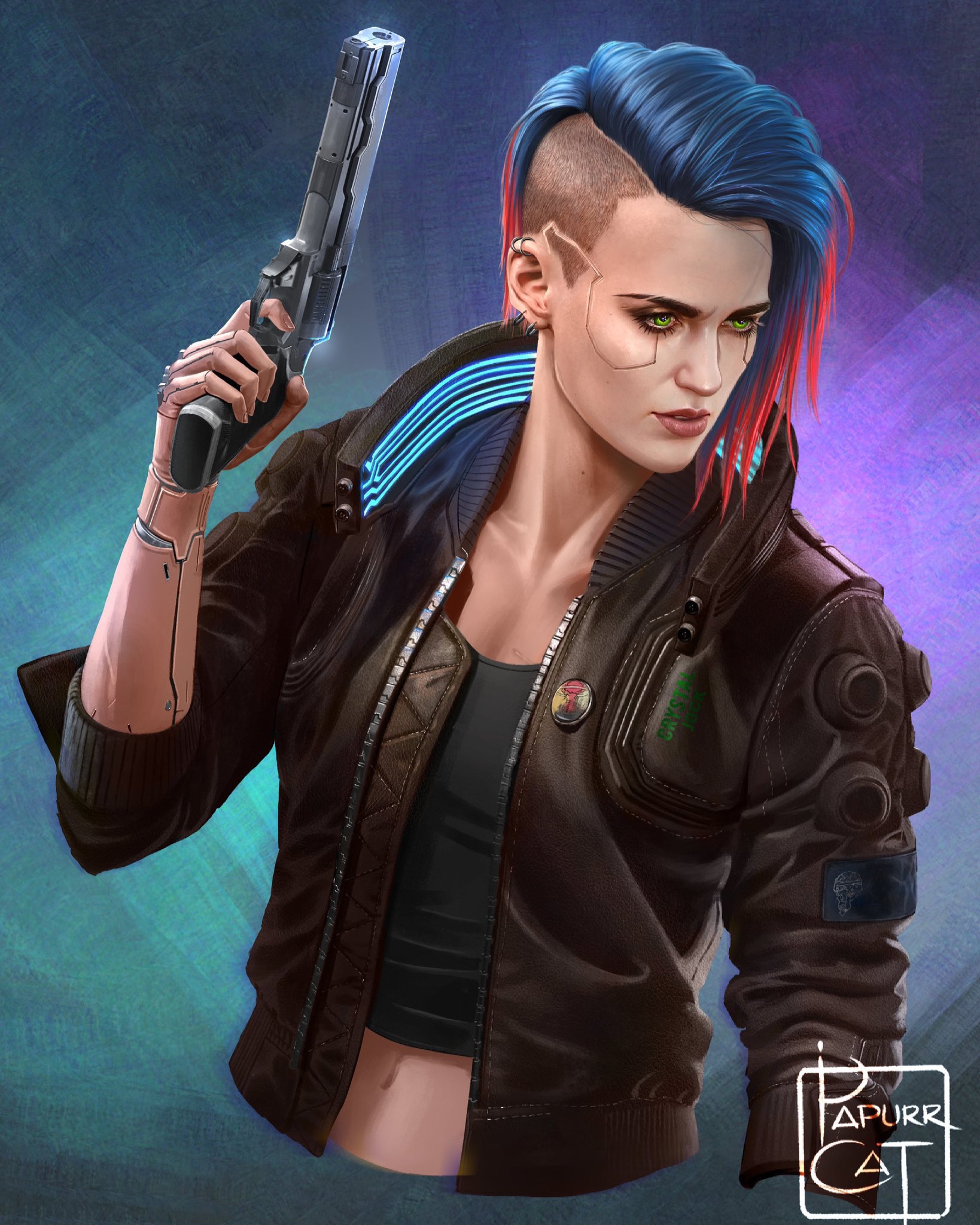 papurrcat, cyberpunk (series), cyberpunk 2077, highres, 1boy, 1girl, artist name, asymmetrical hair, black shirt, blue hair, brown jacket, crop top, cyberpunk, green eyes, gun, holding, holding gun, holding weapon, jacket, midriff, navel, open clothes, open jacket, shirt, sidecut, solo, undercut, upper body, weapon
