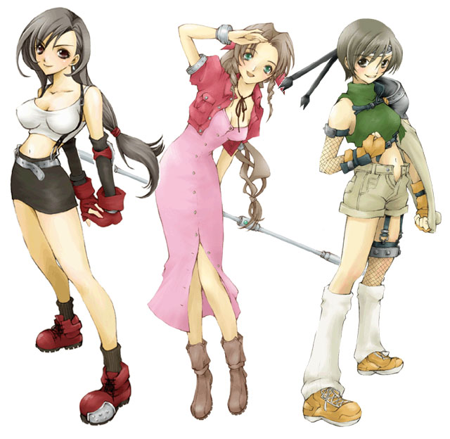 poyon, aerith gainsborough, ninja (final fantasy), tifa lockhart, yuffie kisaragi, final fantasy, final fantasy vii, square enix, 1990s (style), 3girls, armor, bare shoulders, boots, brown boots, brown eyes, brown hair, cropped jacket, dress, fingerless gloves, fishnets, gloves, green eyes, headband, long dress, long hair, low-tied long hair, midriff, multiple girls, ninja, open fly, orange shoes, pencil skirt, pink dress, red shoes, retro artstyle, shoes, short hair, shorts, skirt, sleeveless, sleeveless turtleneck, staff, suspender skirt, suspenders, turtleneck, unzipped