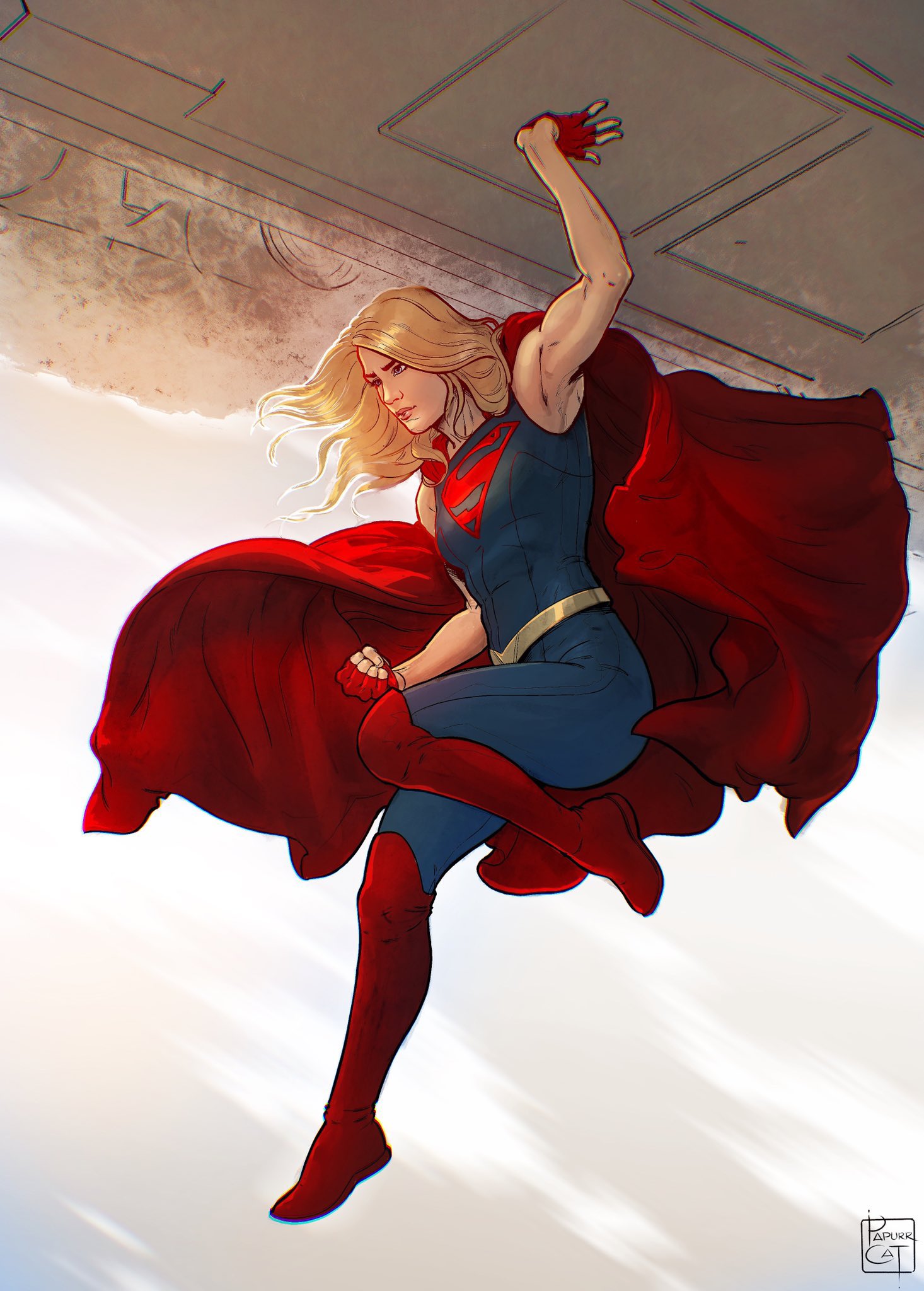 papurrcat, supergirl, dc comics, superman (series), highres, 1girl, arm up, artist name, blue bodysuit, blue eyes, bodysuit, boots, cape, gloves, outdoors, red boots, red cape, red gloves, shirt, sleeveless, sleeveless bodysuit, solo, white shirt