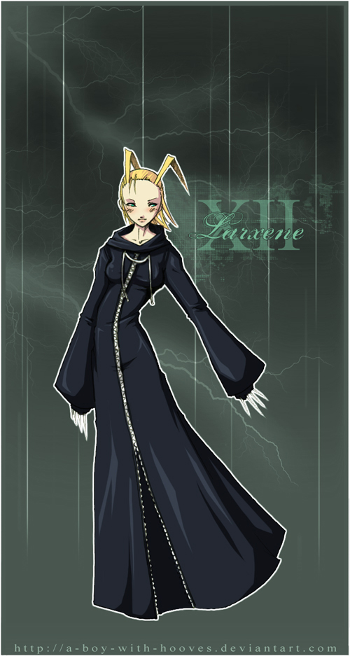 larxene, organization xiii, kingdom hearts, 1girl, black coat (kingdom hearts), black theme, blonde hair, female focus, green eyes, knife, solo