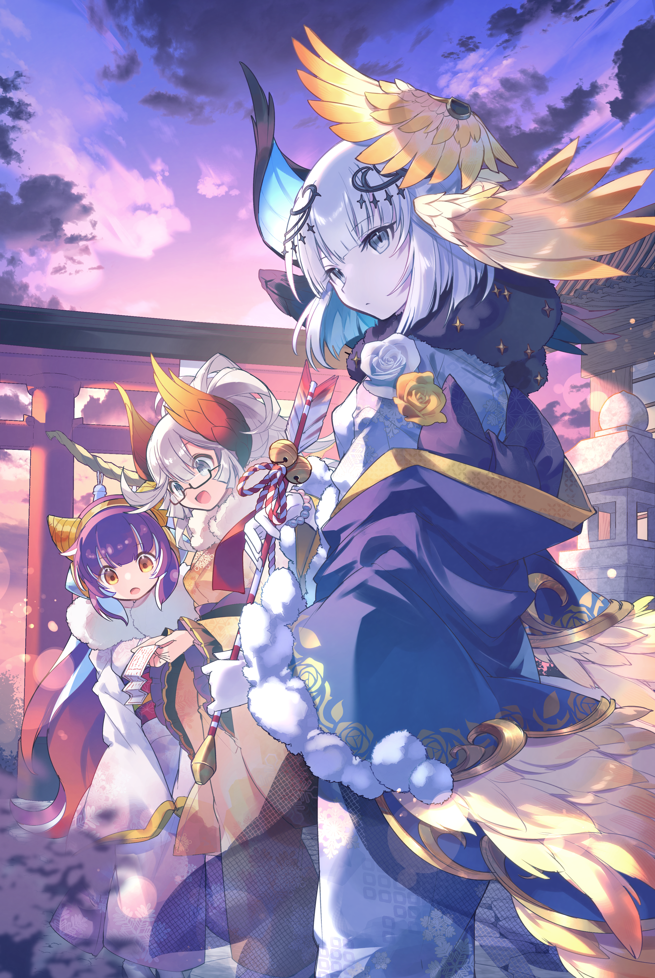 kuuron (moesann17), reeche (p&d), puzzle & dragons, absurdres, highres, 3girls, blue eyes, blue kimono, feathers, flower, fur trim, glasses, grey hair, grey wings, hair ornament, head wings, horns, japanese clothes, kimono, long hair, multicolored hair, multiple girls, orange wings, orya (p&d), ponno (p&d), purple hair, short hair, smile, sunset, temple, two-tone hair, very long hair, white hair, white kimono, wings, yellow eyes