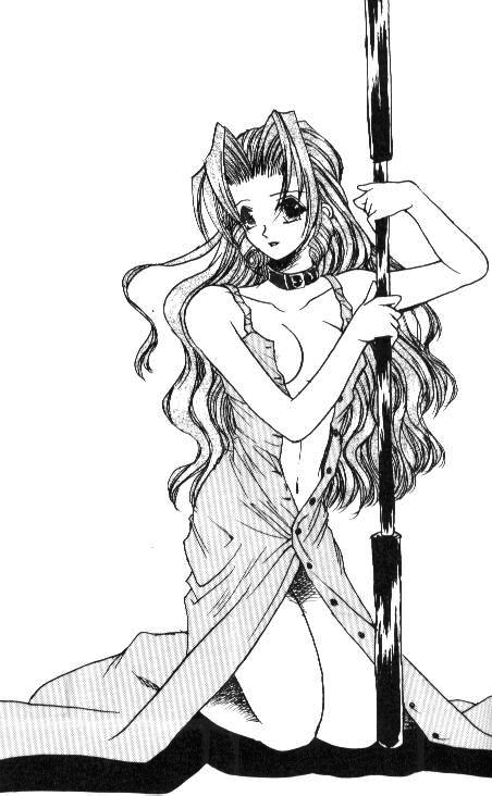 aerith gainsborough, final fantasy, final fantasy vii, 1990s (style), 1girl, breasts, collarbone, dress, female focus, full body, greyscale, holding, holding weapon, kneeling, lance, long dress, looking at viewer, midriff, monochrome, navel, polearm, retro artstyle, revealing clothes, solo, stomach, wavy hair, weapon