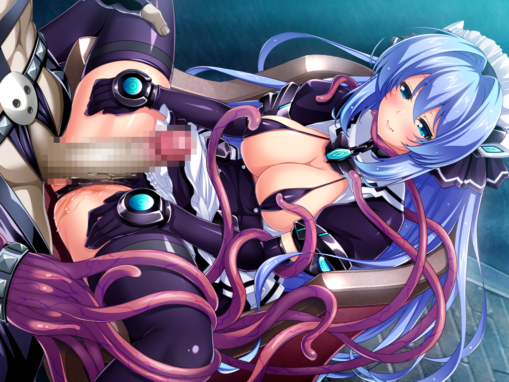 inoino, exs-tia, katsuragi marina, kouyoku senki exs-tia, game cg, large variant set, non-web source, official art, variant set, 1boy, 1girl, bikini, blue eyes, blue hair, blush, breasts, brick floor, censored, chair, chest jewel, cleavage, clothing aside, covered erect nipples, elbow gloves, gloves, hair intakes, headgear, hetero, imminent penetration, imminent vaginal, large breasts, long hair, lying, maid, maid headdress, mosaic censoring, nipple stimulation, nipple tweak, on back, panties, penis, puffy short sleeves, puffy sleeves, pussy juice, short sleeves, solo focus, spread legs, swimsuit, tentacles, thighhighs, underwear