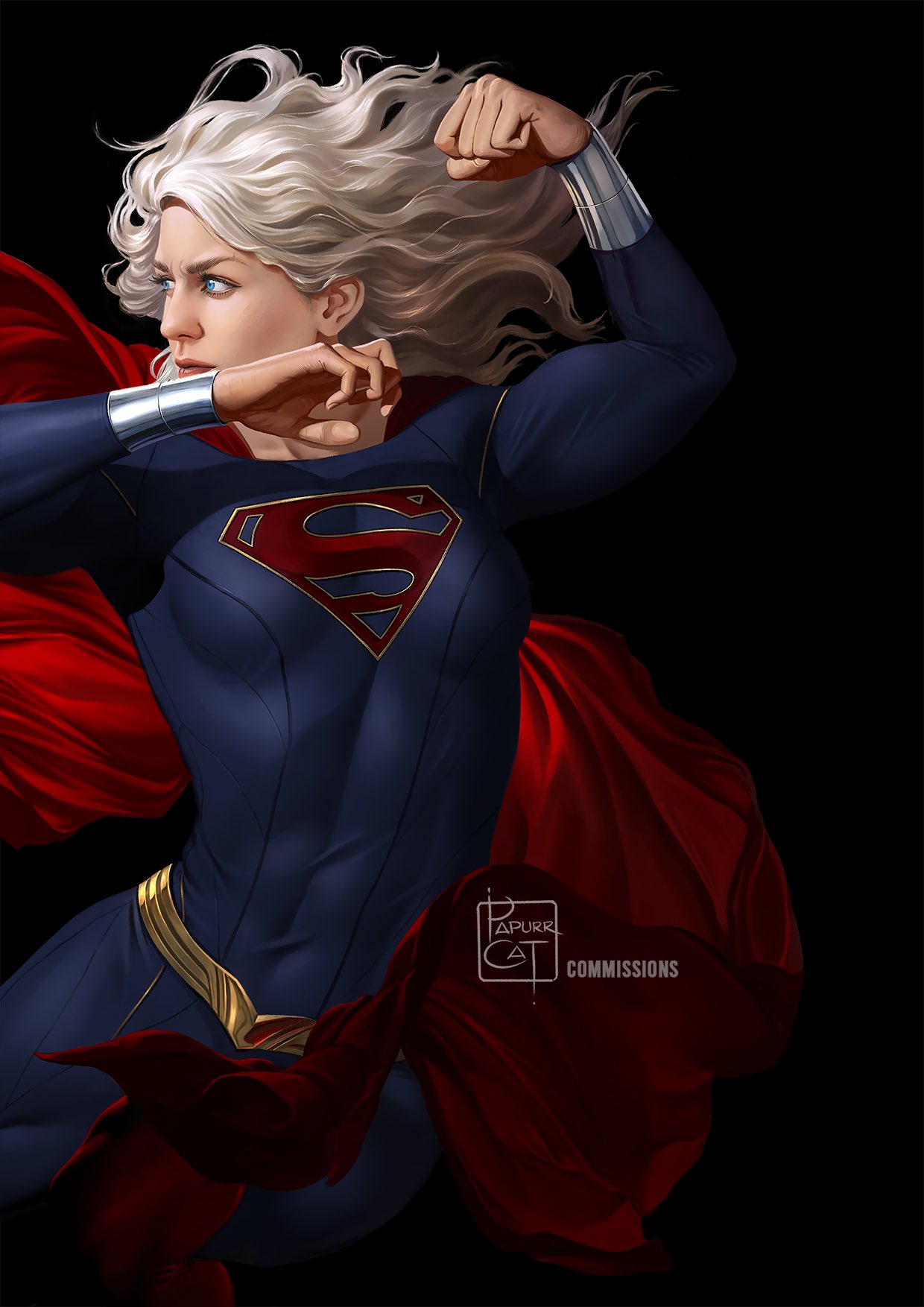 papurrcat, supergirl, dc comics, superman (series), highres, 1girl, artist name, blue bodysuit, blue eyes, bodysuit, breasts, cape, clenched hand, looking to the side, red cape, small breasts, solo, watermark, white hair