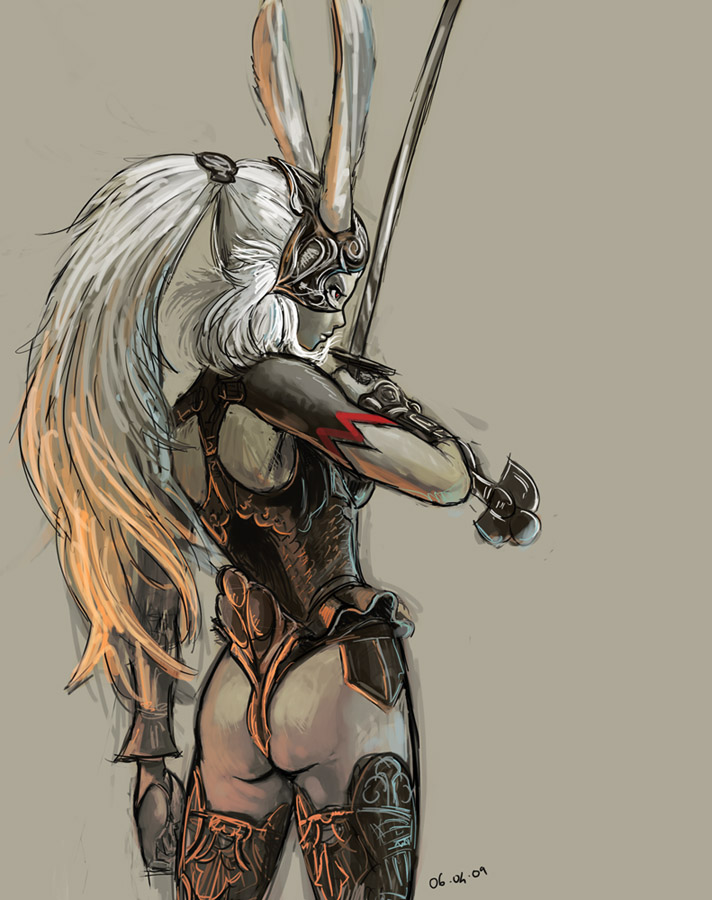 nekkeau, fran (ff12), final fantasy, final fantasy xii, 00s, 1girl, animal ears, armor, ass, dark-skinned female, dark skin, female focus, lips, ponytail, rabbit ears, red eyes, solo, sword, viera, weapon, white hair
